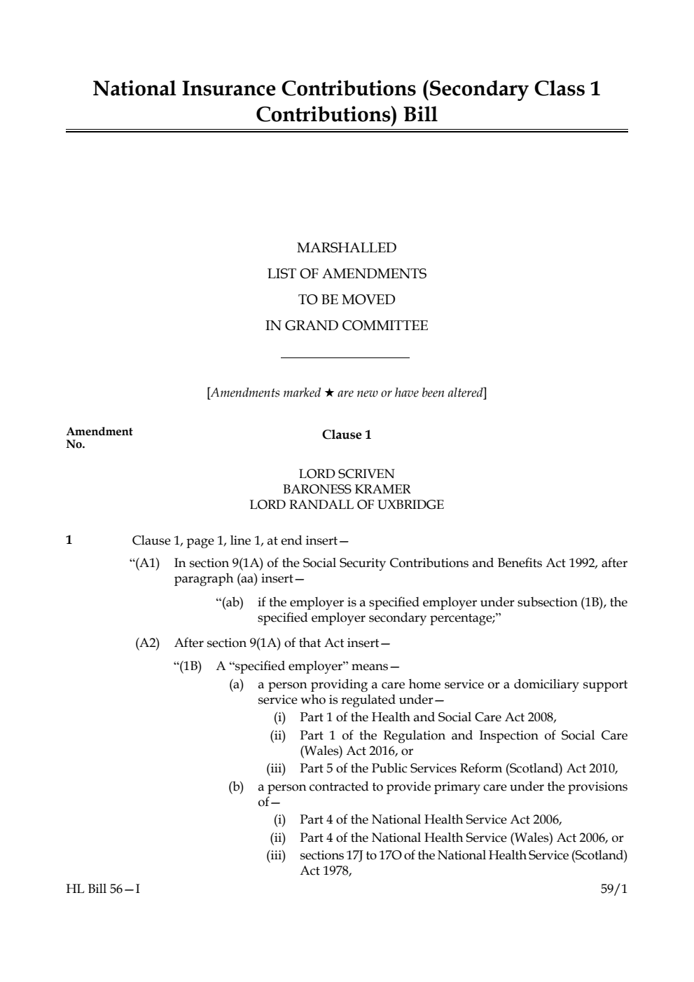 National Insurance Contributions (Secondary Class 1 Contributions) Bill Marshalled List of amendments to be moved in Grand Committee