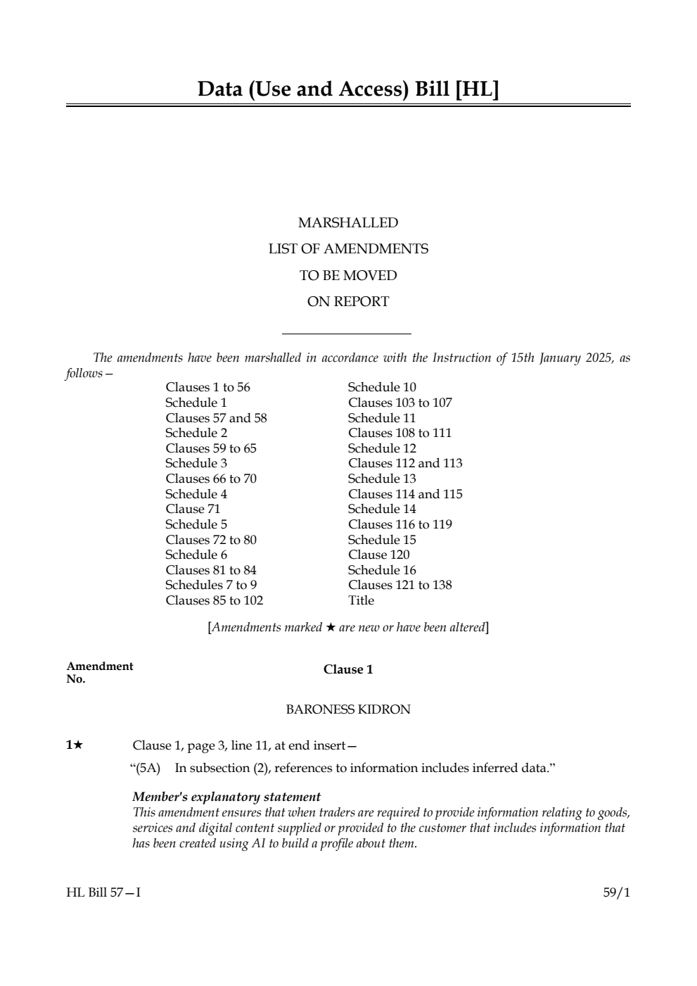 Data (Use and Access) Bill Marshalled List of amendments to be moved on report
