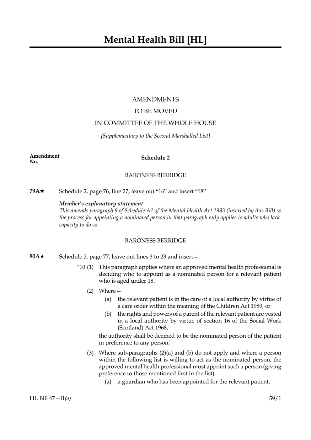 Mental Health Bill Amendments to be moved in Committee of the Whole House [Supplementary to the Second Marshalled List] 