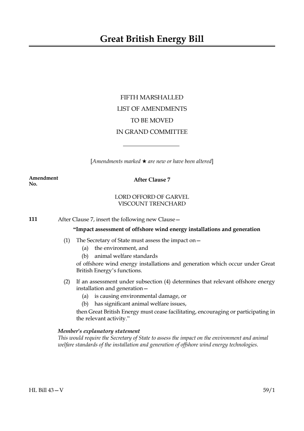 Great British Energy Bill Fifth Marshalled List of amendments to be moved in Grand Committee