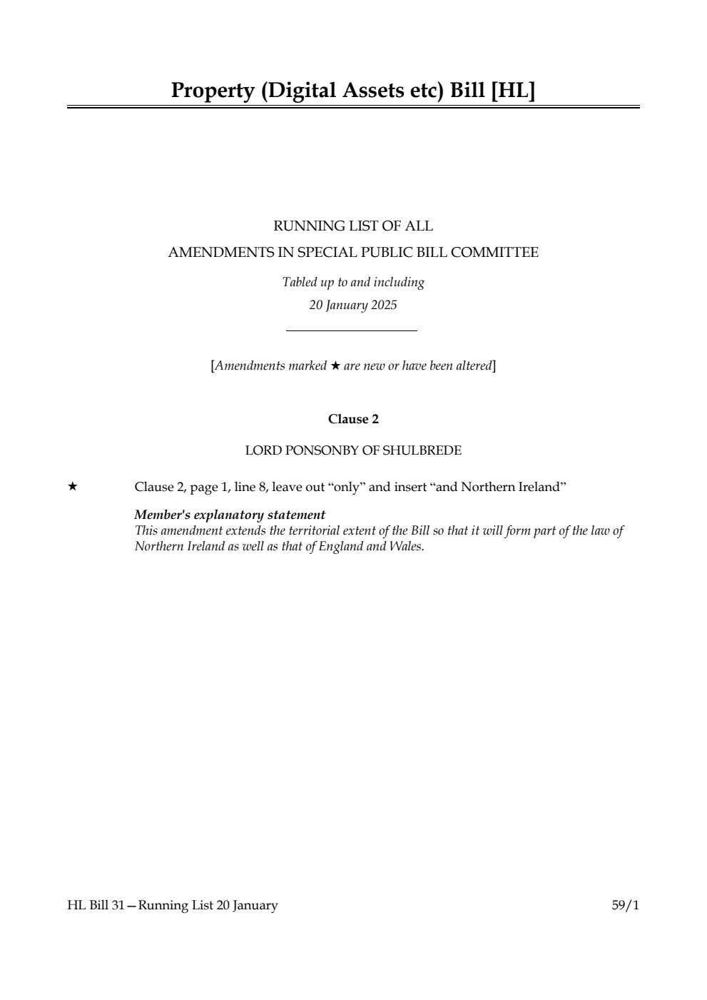 Property (Digital Assets Etc) Bill Running List of all amendments in Special Public Bill Committee tabled up to and including 20 January 2025