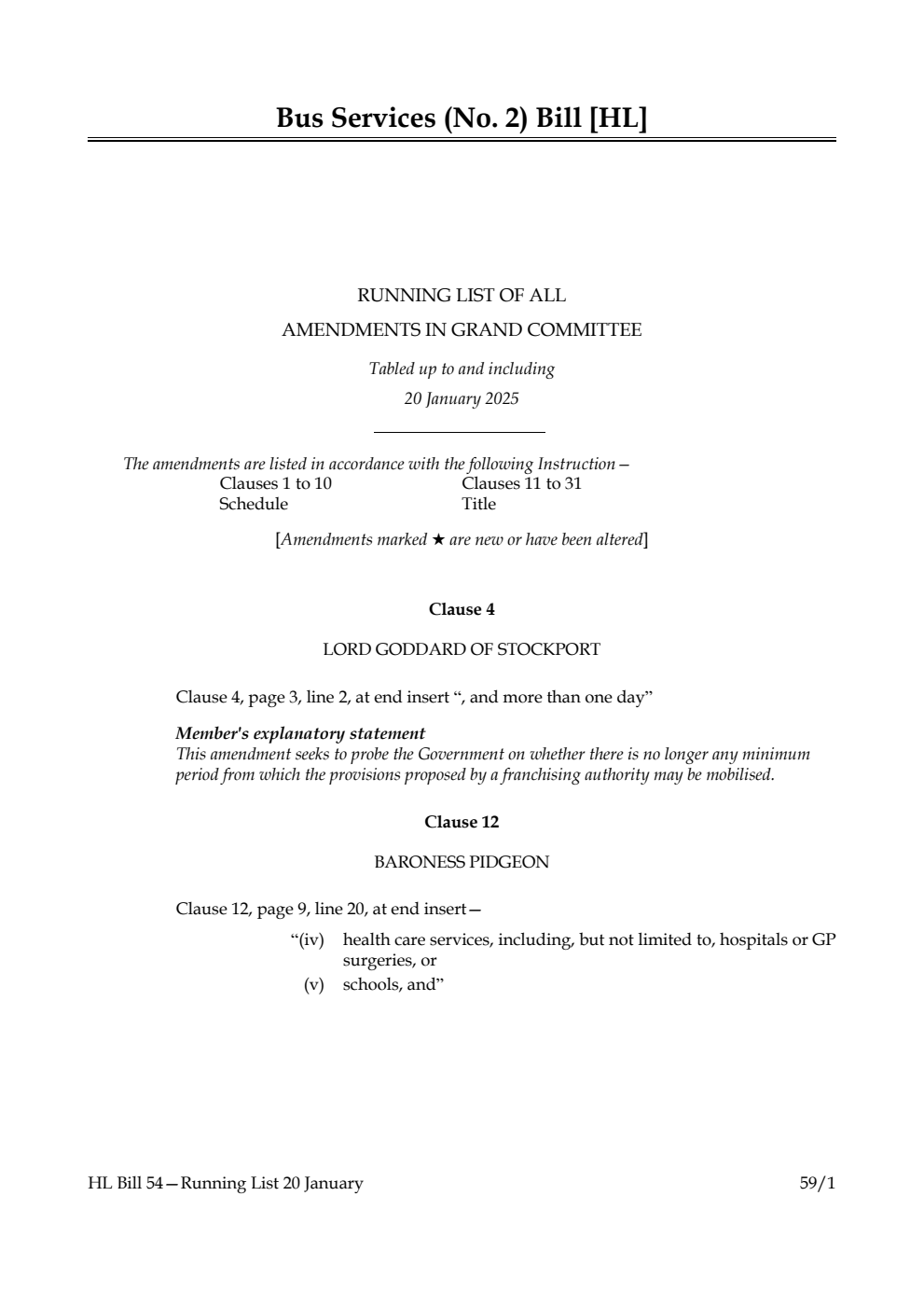 Bus Services (No. 2) Bill Running List of all amendments in Grand Committee tabled up to and including 20 January 2025