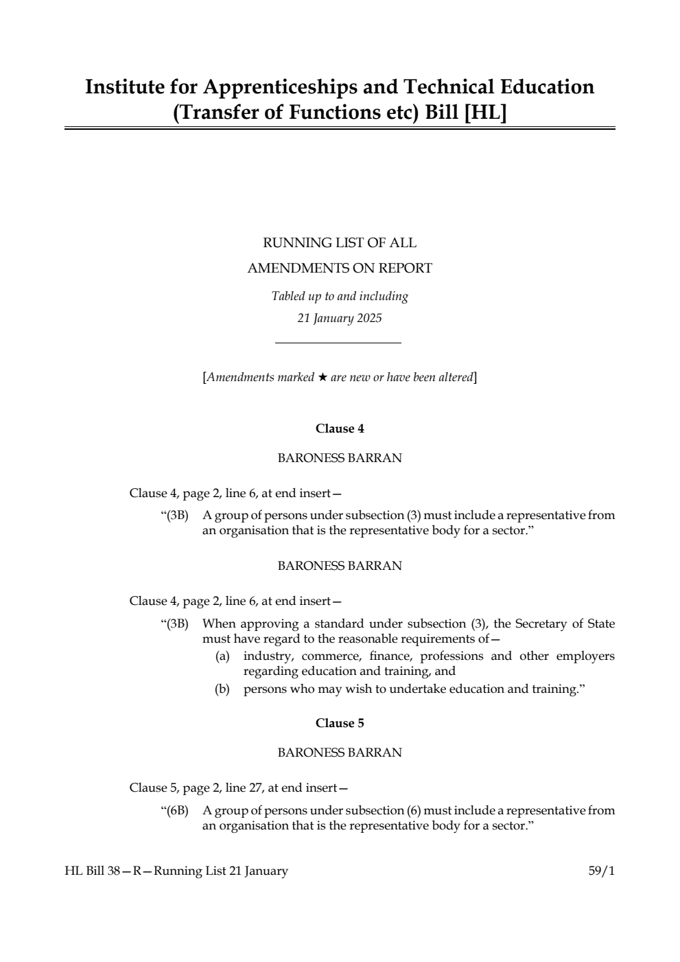 Institute for Apprenticeships and Technical Education (Transfer of Functions etc) Bill Running List of all amendments on report tabled up to and including 21 January 2025