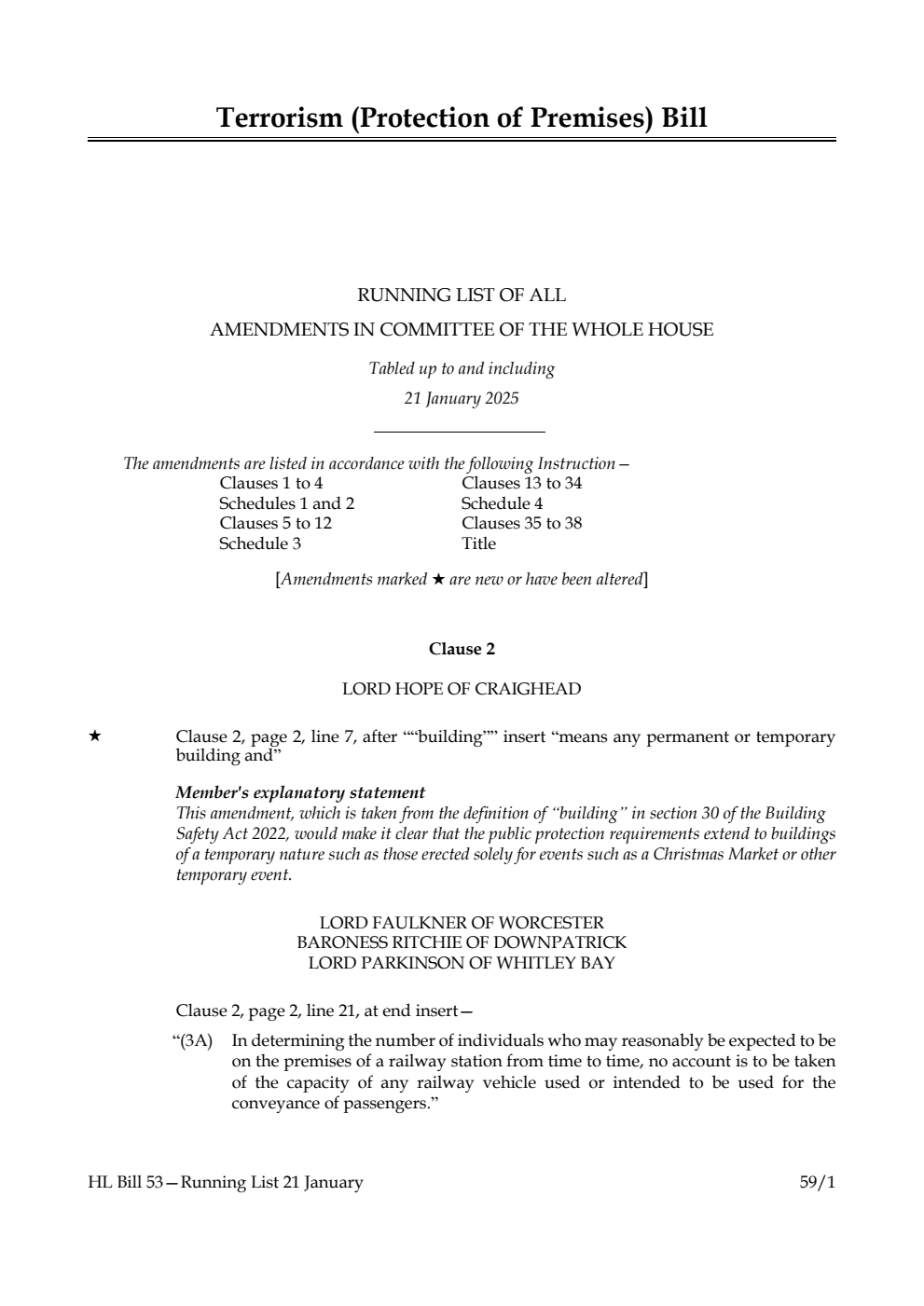 Terrorism (Protection of Premises) Bill Running List of all amendments in Committee of the Whole House tabled up to and including 21 January 2025