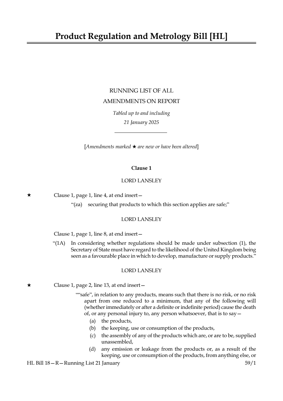 Product Regulation and Metrology Bill Running List of all amendments on report tabled up to and including 21 January 2025