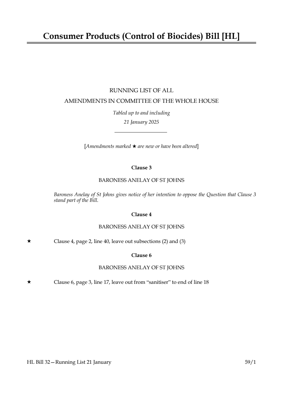 Consumer Products (Control of Biocides) Bill Running List of all amendments in Committee of the Whole House tabled up to and including 21 January 2025