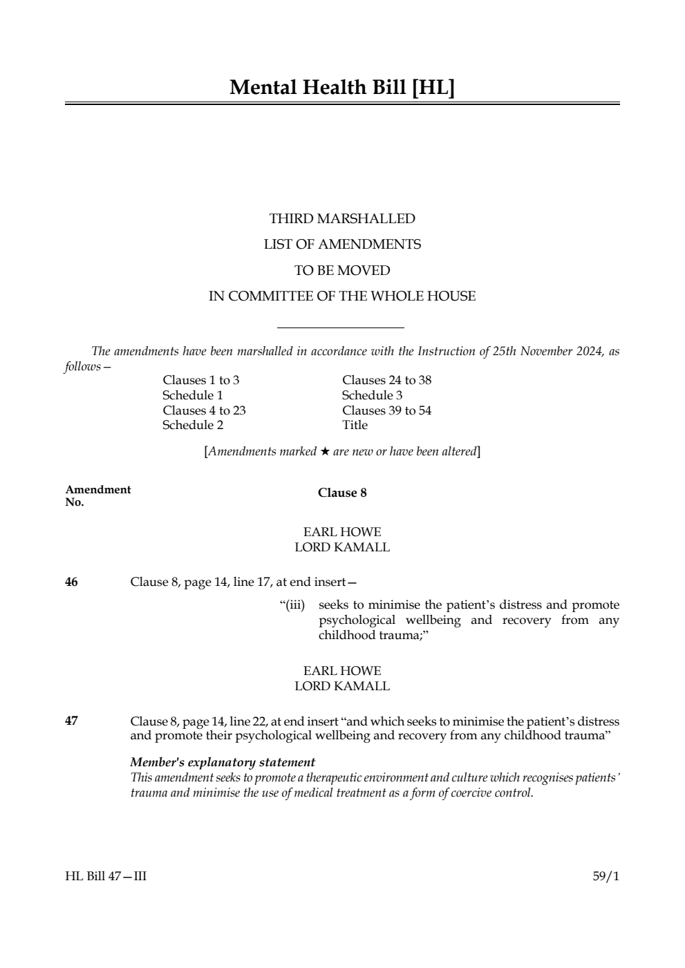 Mental Health Bill Third Marshalled List of amendments to be moved in Committee of the Whole House