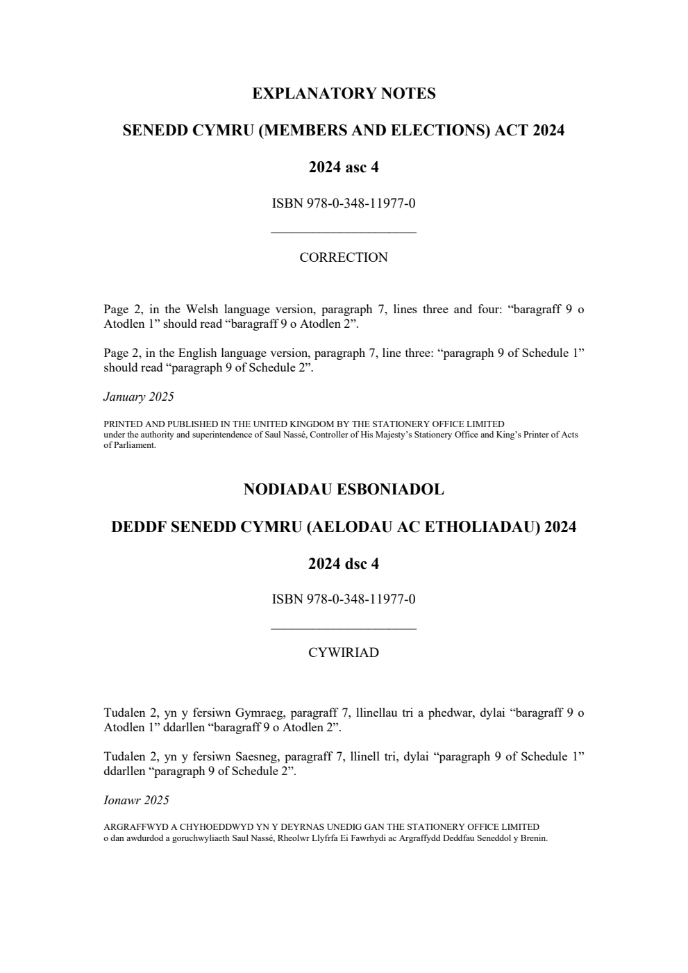 Senedd Cymru (Members and Elections) Act 2024: asc 4 Explanatory Notes. Correction Slip, January 2025