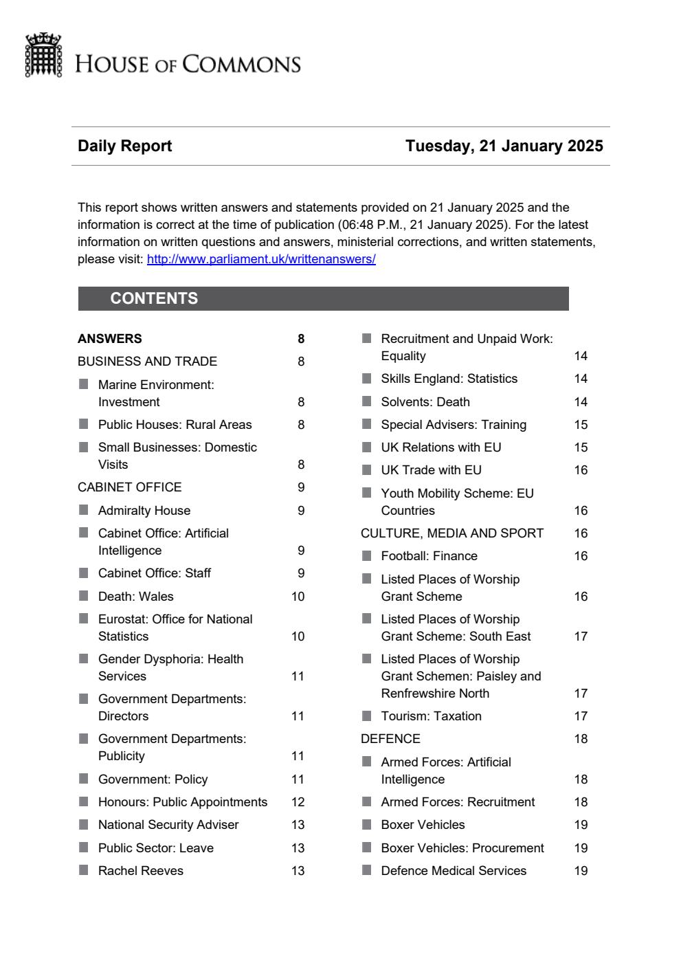 HOC Daily Report Written Statements and Answers 21.01.25