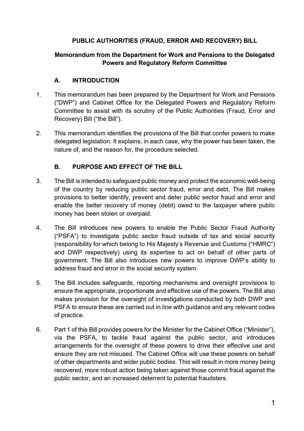 Public Authorities (Fraud, Error and Recovery) Bill - Memorandum from the Department for Work and Pensions to the Delegated Powers and Regulatory Reform Committee
