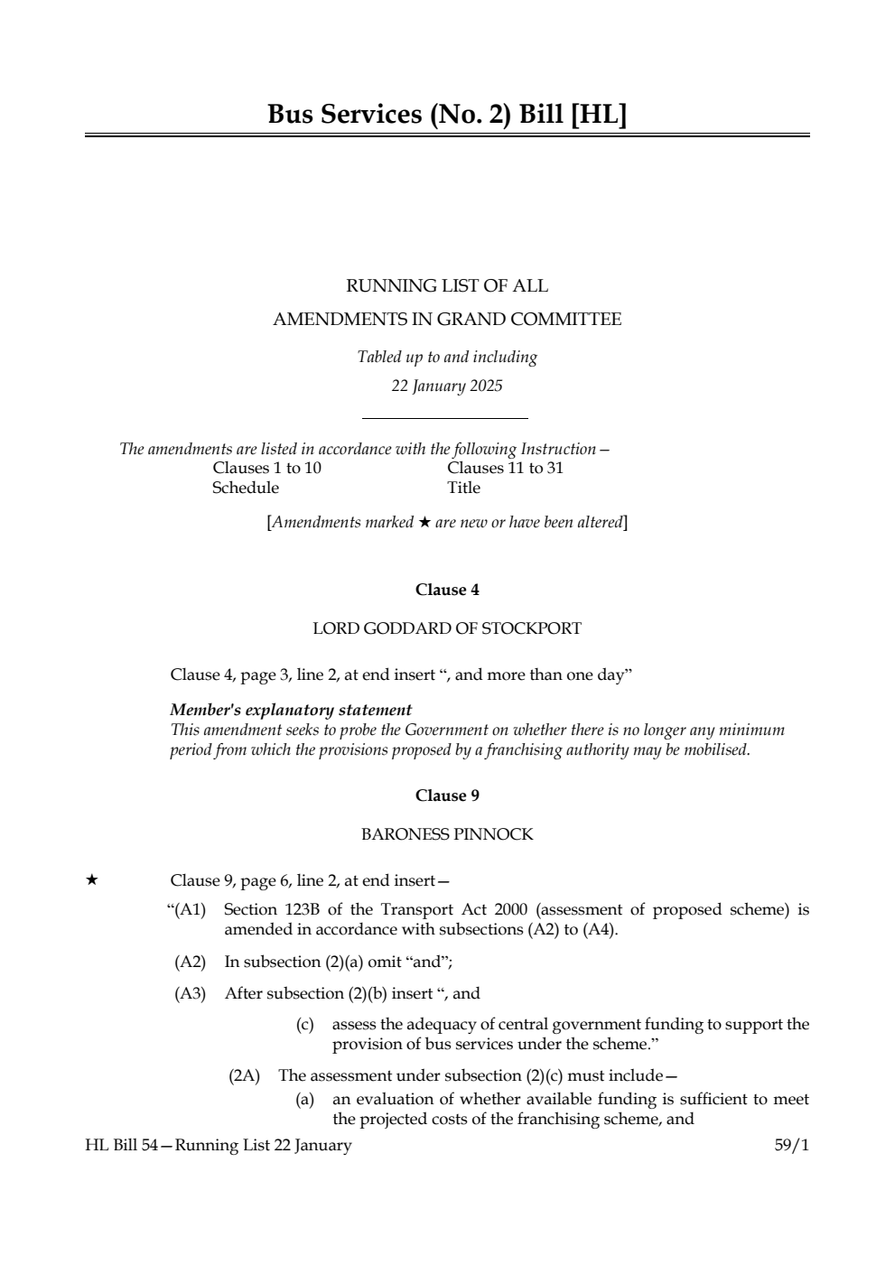 Bus Services (No. 2) Bill Running List of all amendments in Grand Committee tabled up to and including 22 January 2025