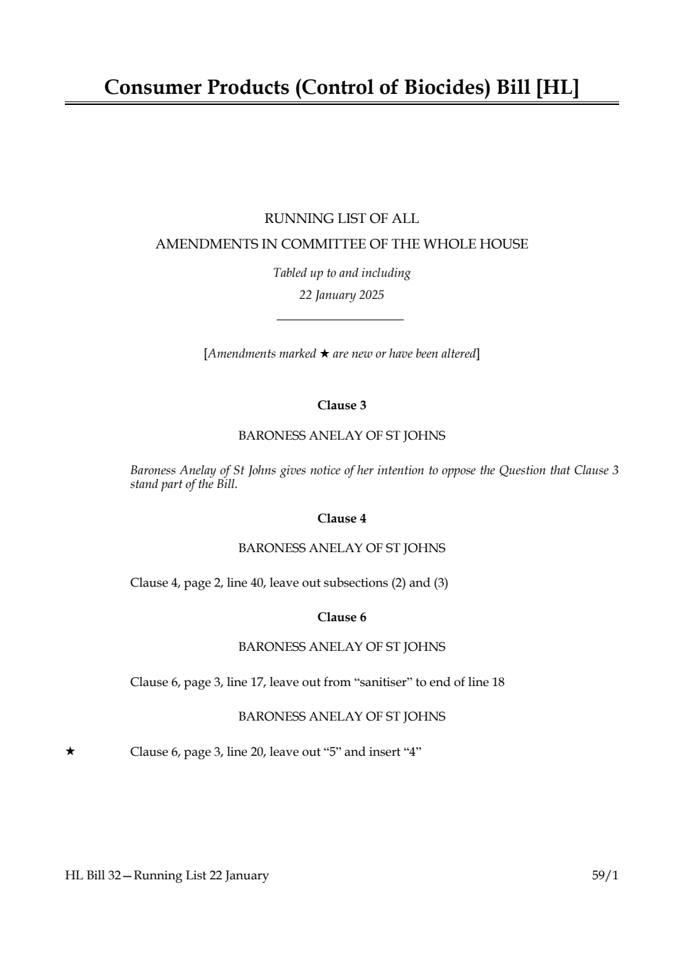 Consumer Products (Control of Biocides) Bill Running List of all amendments in Committee of the Whole House tabled up to and including 22 January 2025
