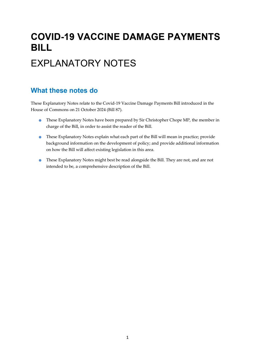 Covid-19 Vaccine Damage Payments Bill Explanatory Notes