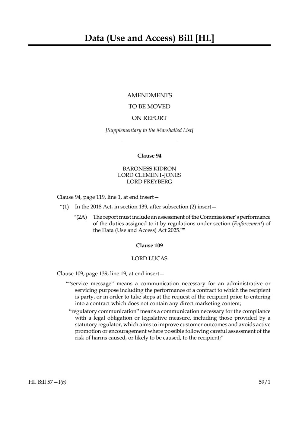Data (Use and Access) Bill Amendments to be moved on report [Supplementary to the Marshalled List]