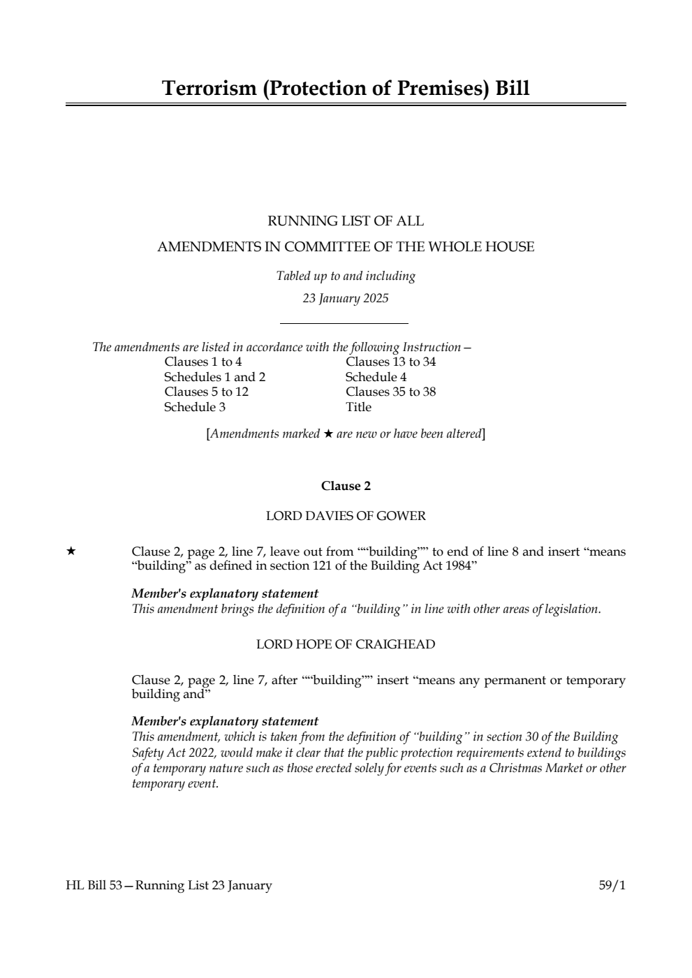 Terrorism (Protection of Premises) Bill Running List of all amendments in Committee of the Whole House tabled up to and including 23 January 2025