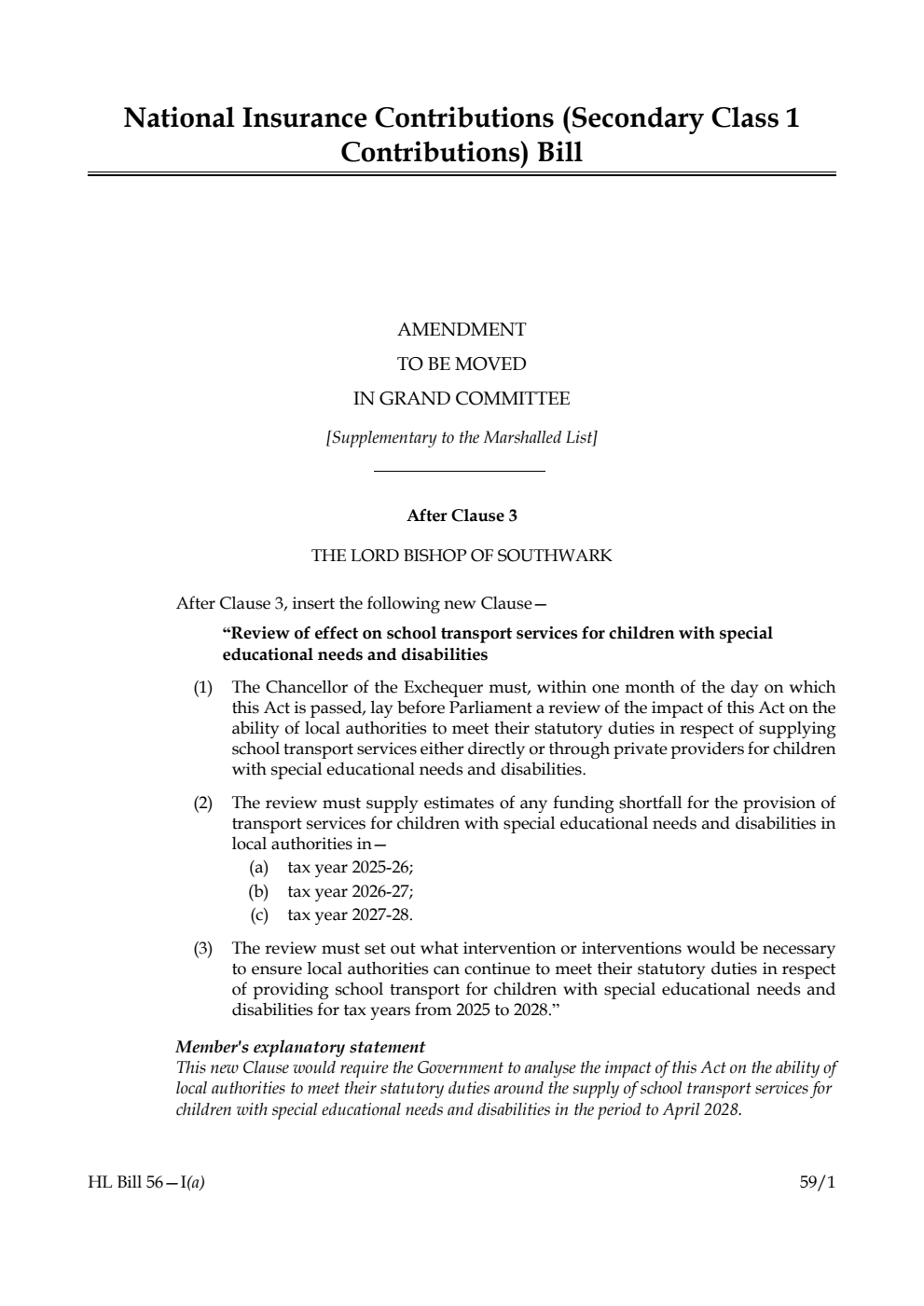 National Insurance Contributions (Secondary Class 1 Contributions) Bill Amendment to be moved in Grand Committee [Supplementary to the Marshalled List] 