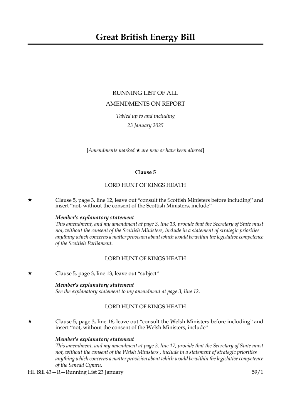 Great British Energy Bill Running List of all amendments on report tabled up to and including 23 January 2025