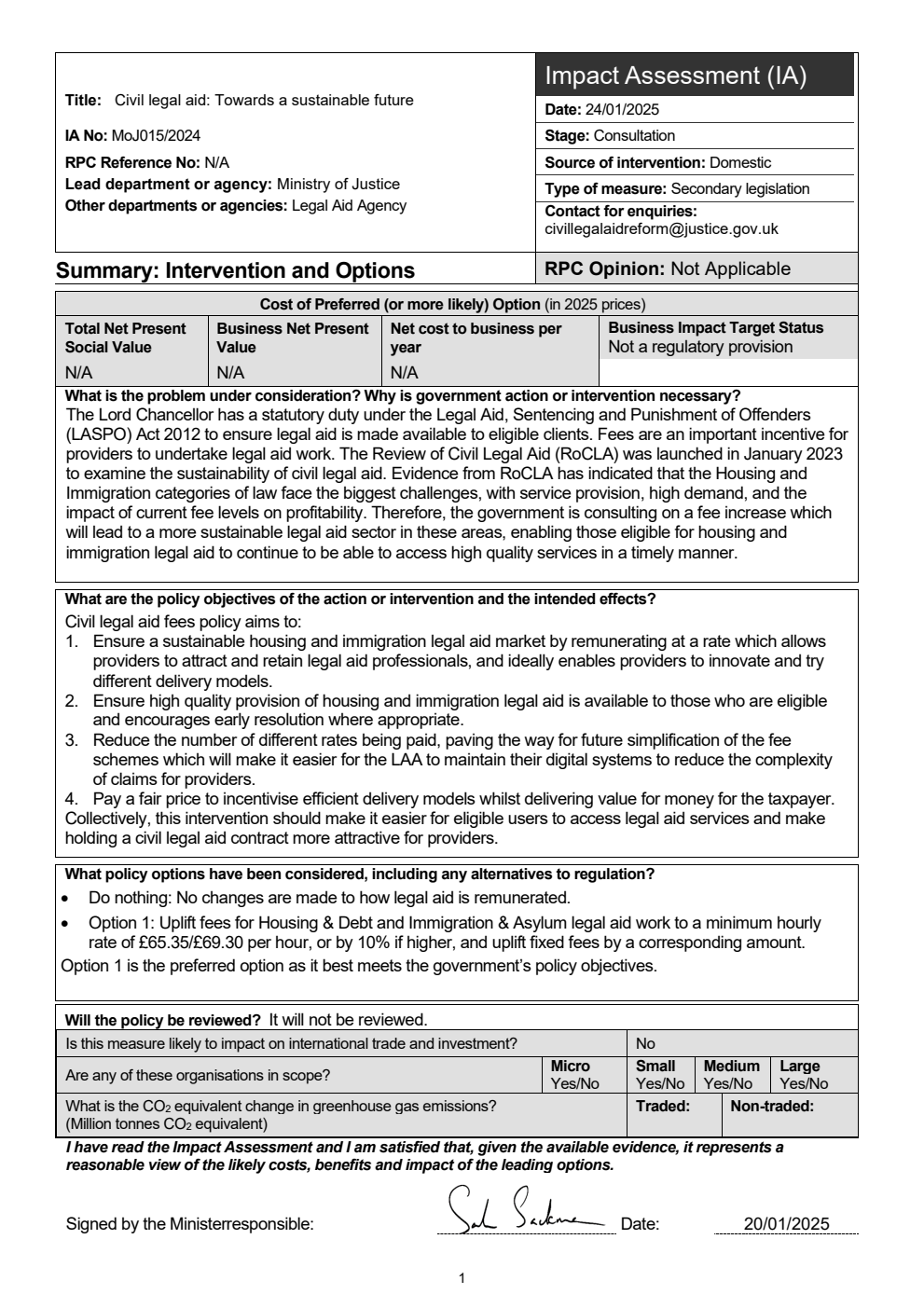 Civil legal aid: Towards a sustainable future. Impact Assessment