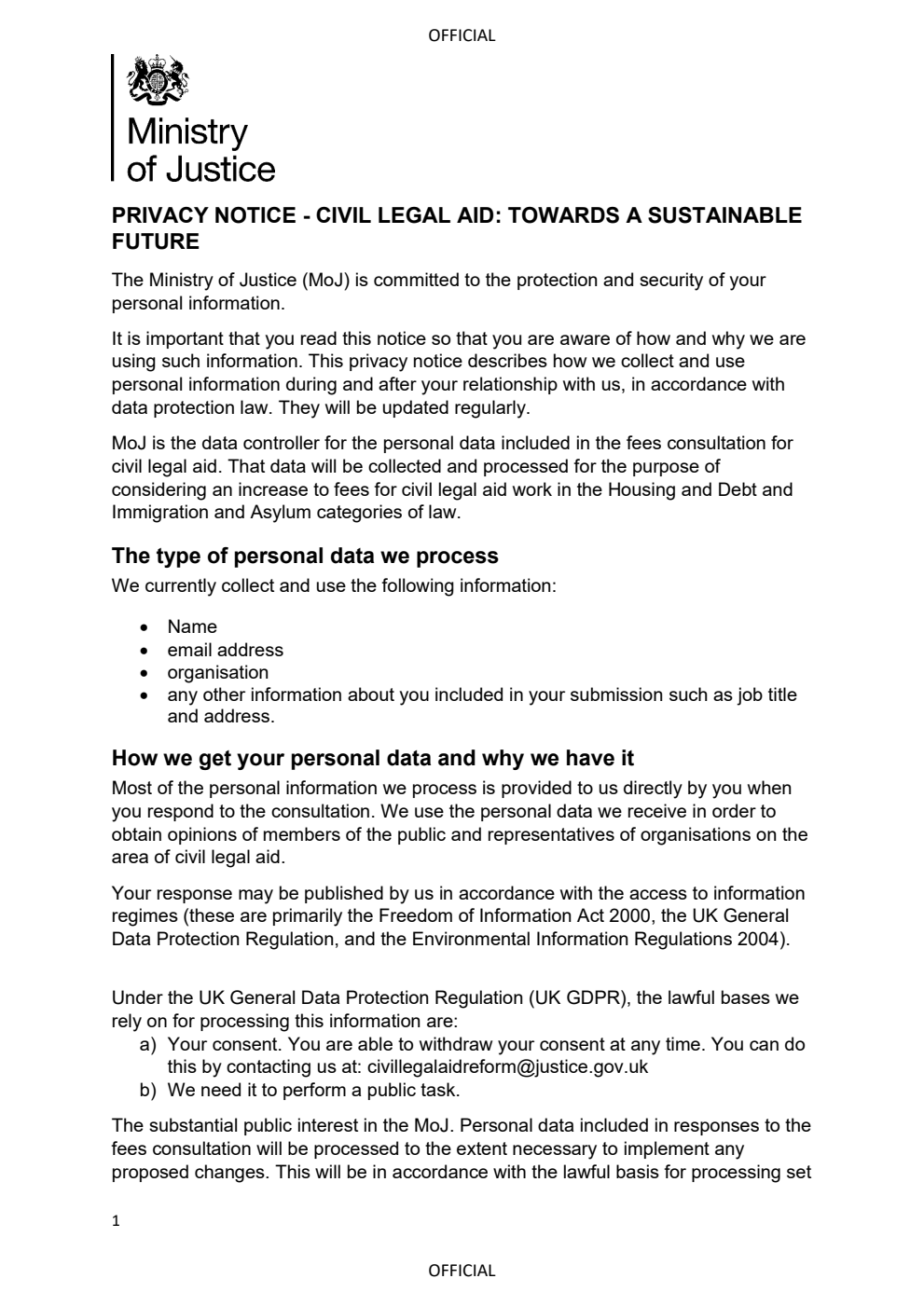 Civil legal aid: Towards a sustainable future. Privacy Notice