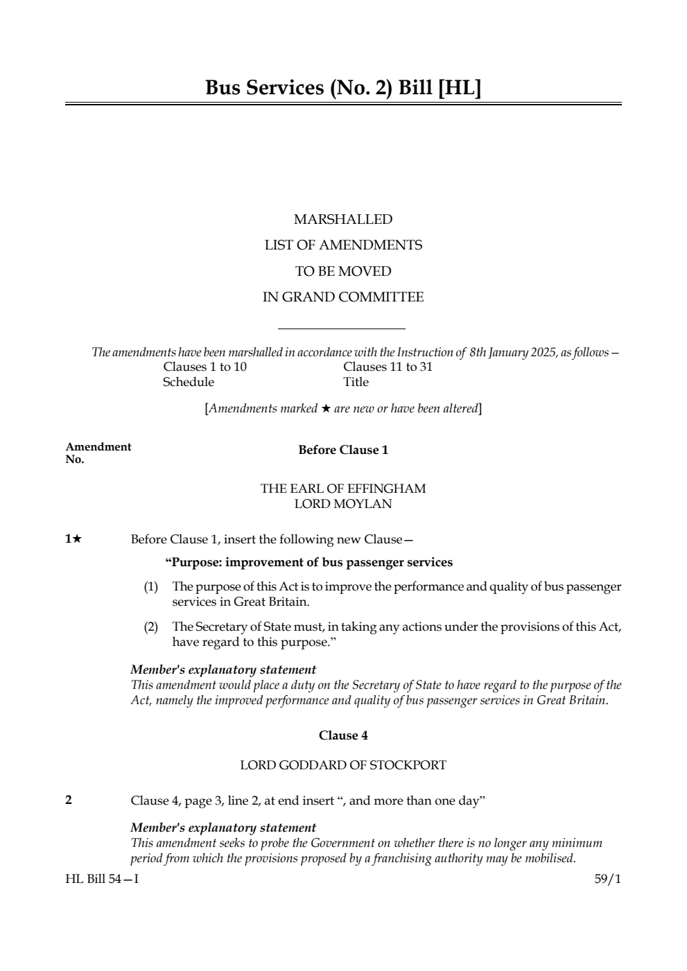 Bus Services (No. 2) Bill Marshalled List of amendments to be moved in Grand Committee