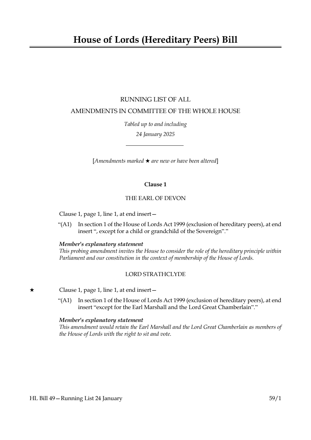 House of Lords (Hereditary Peers) Bill Running List of all amendments in Committee of the Whole House tabled up to and including 24 January 2025