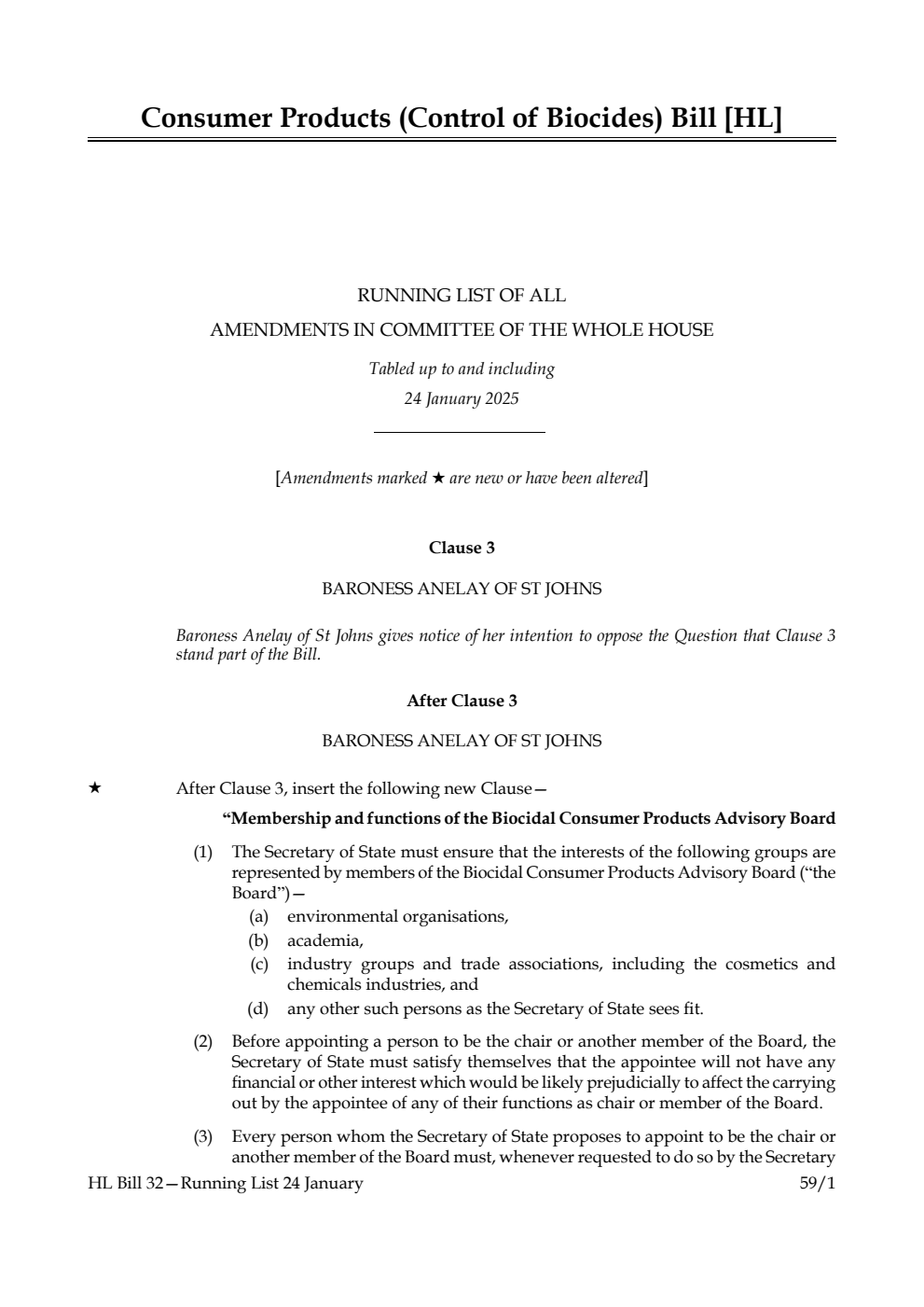Consumer Products (Control of Biocides) Bill Running List of all amendments in Committee of the Whole House tabled up to and including 24 January 2025