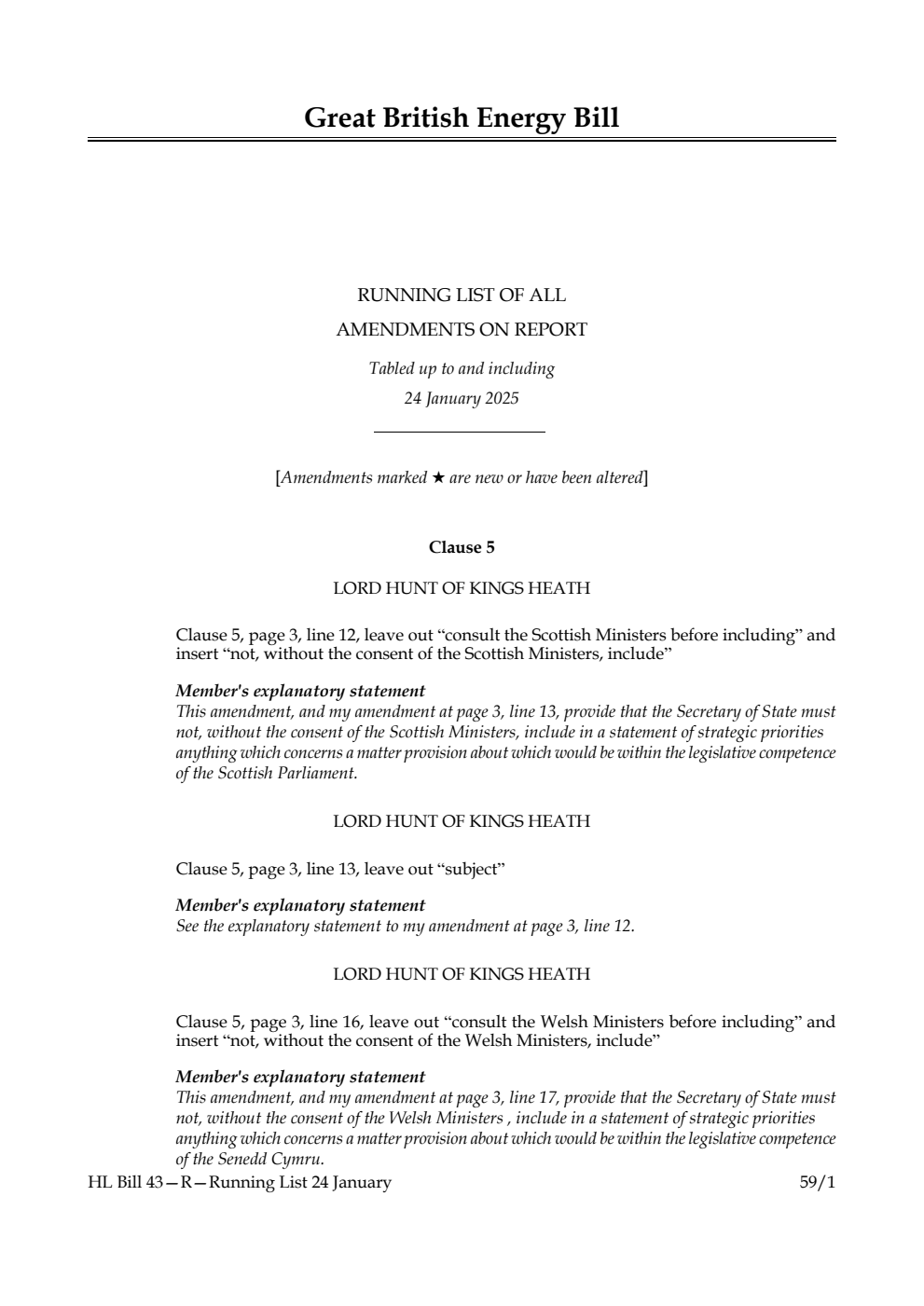 Great British Energy Bill Running List of all amendments on report tabled up to and including 24 January 2025
