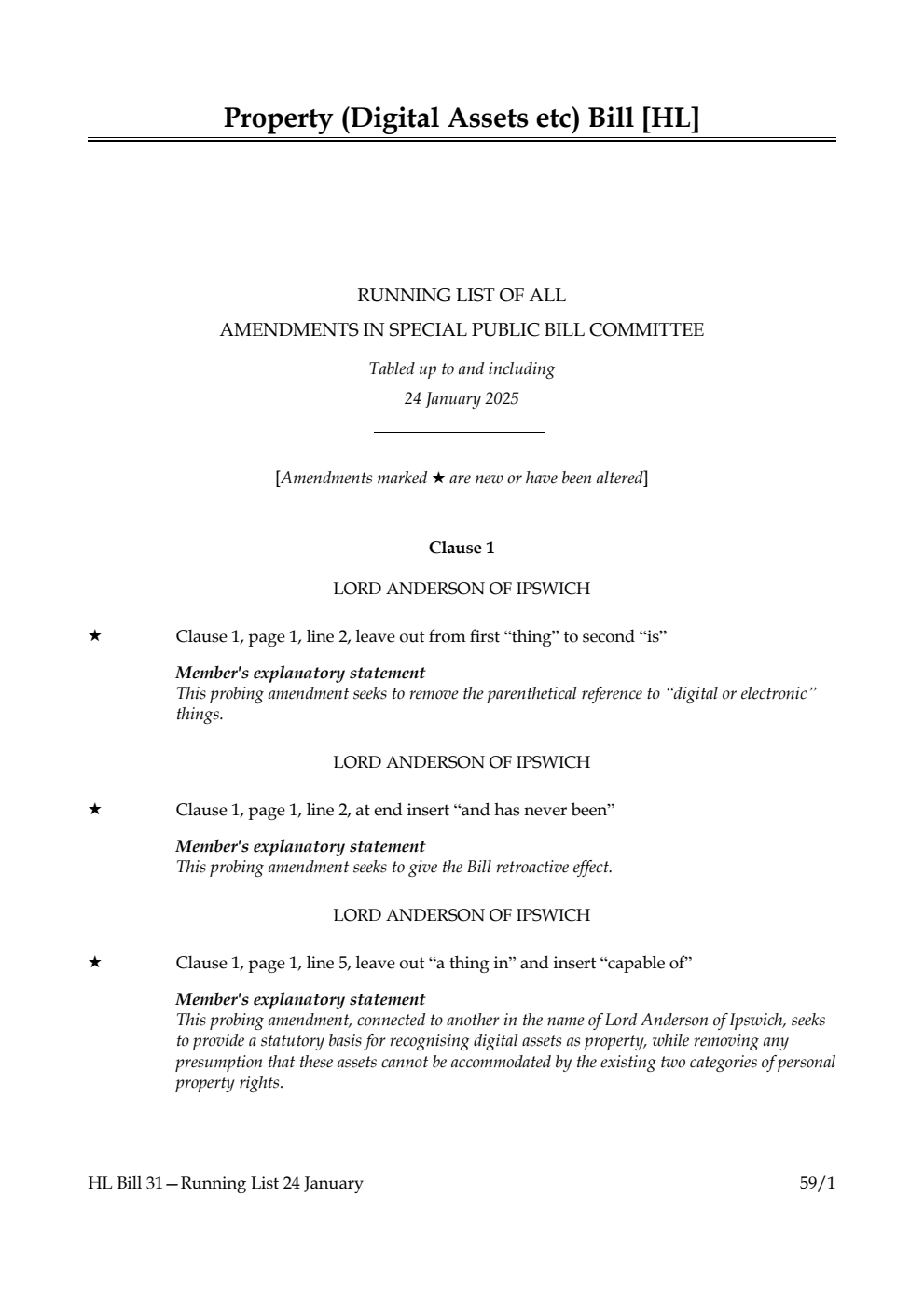 Property (Digital Assets Etc) Bill Running List of all amendments in Special Public Bill Committee tabled up to and including 24 January 2025