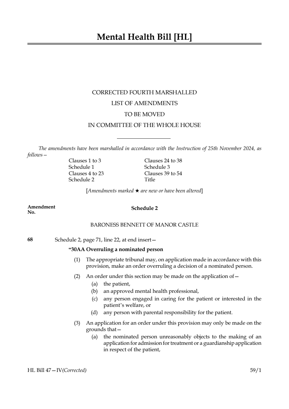 Mental Health Bill Corrected Fourth Marshalled List of amendments to be moved in Committee of the Whole House