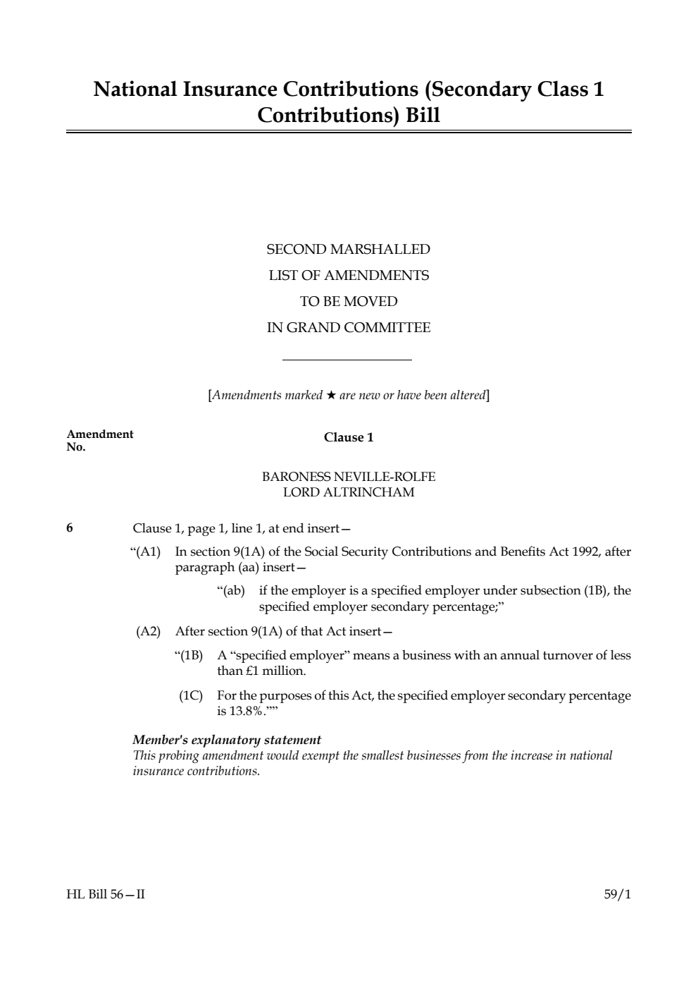National Insurance Contributions (Secondary Class 1 Contributions) Bill Second Marshalled List of amendments to be moved in Grand Committee