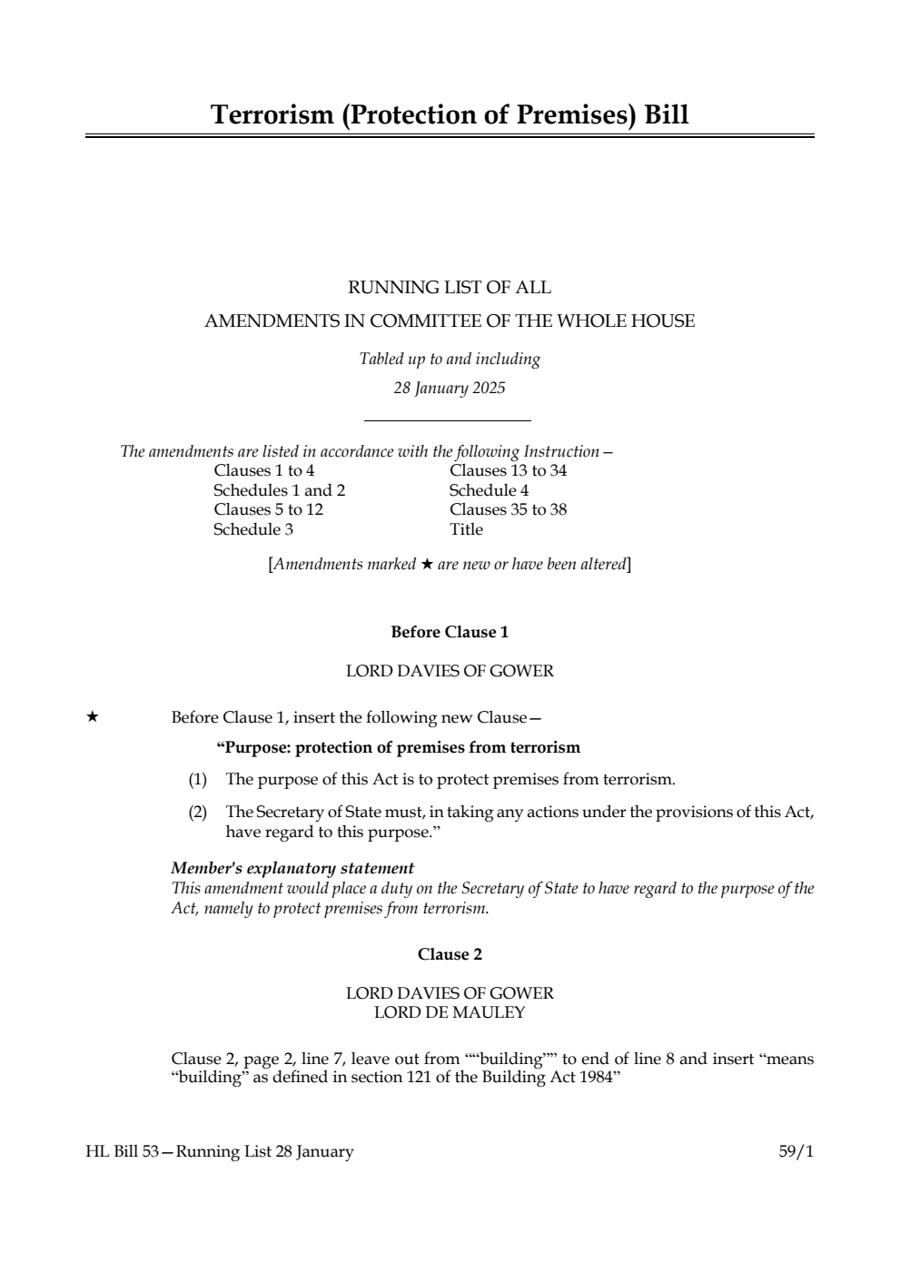Terrorism (Protection of Premises) Bill Running List of all amendments in Committee of the Whole House tabled up to and including 28 January 2025