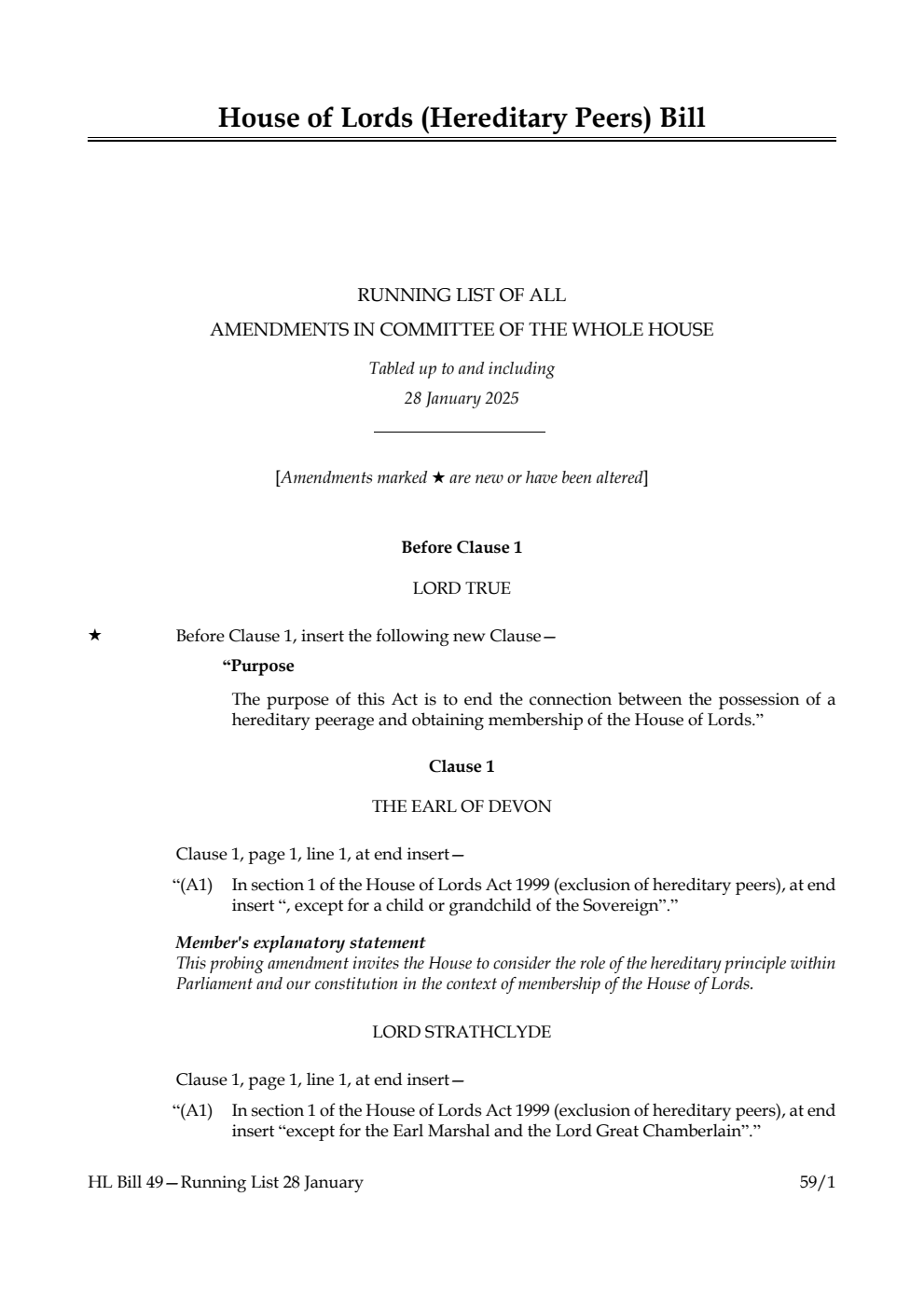 House of Lords (Hereditary Peers) Bill Running List of all amendments in Committee of the Whole House tabled up to and including 28 January 2025