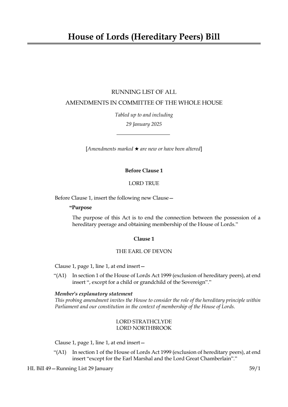 House of Lords (Hereditary Peers) Bill Running List of all amendments in Committee of the Whole House tabled up to and including 29 January 2025