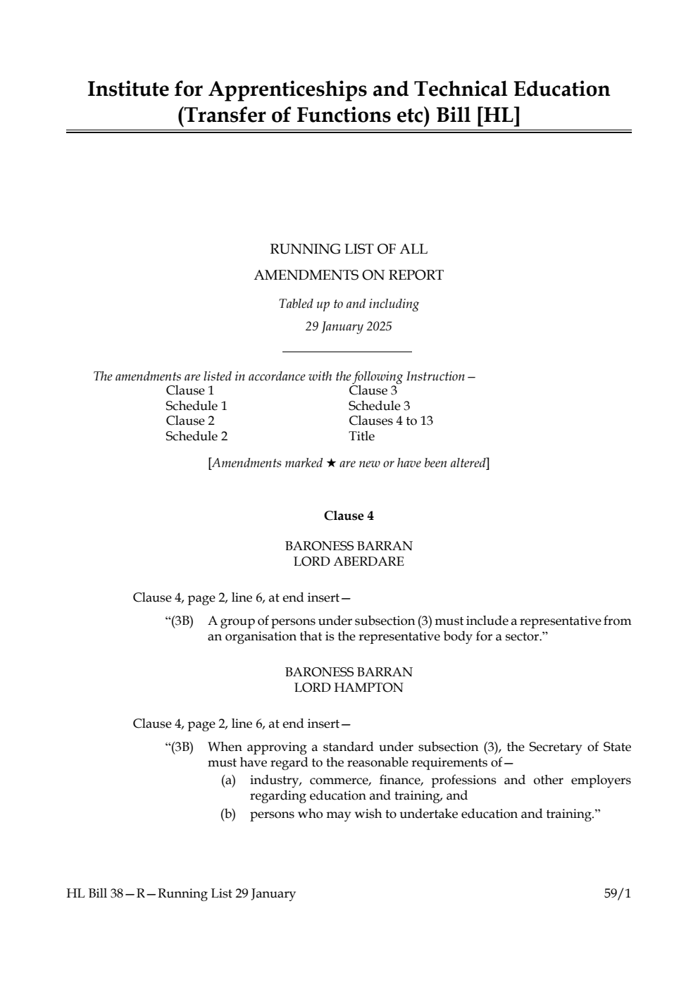 Institute for Apprenticeships and Technical Education (Transfer of Functions etc) Bill Running List of all amendments on report tabled up to and including 29 January 2025