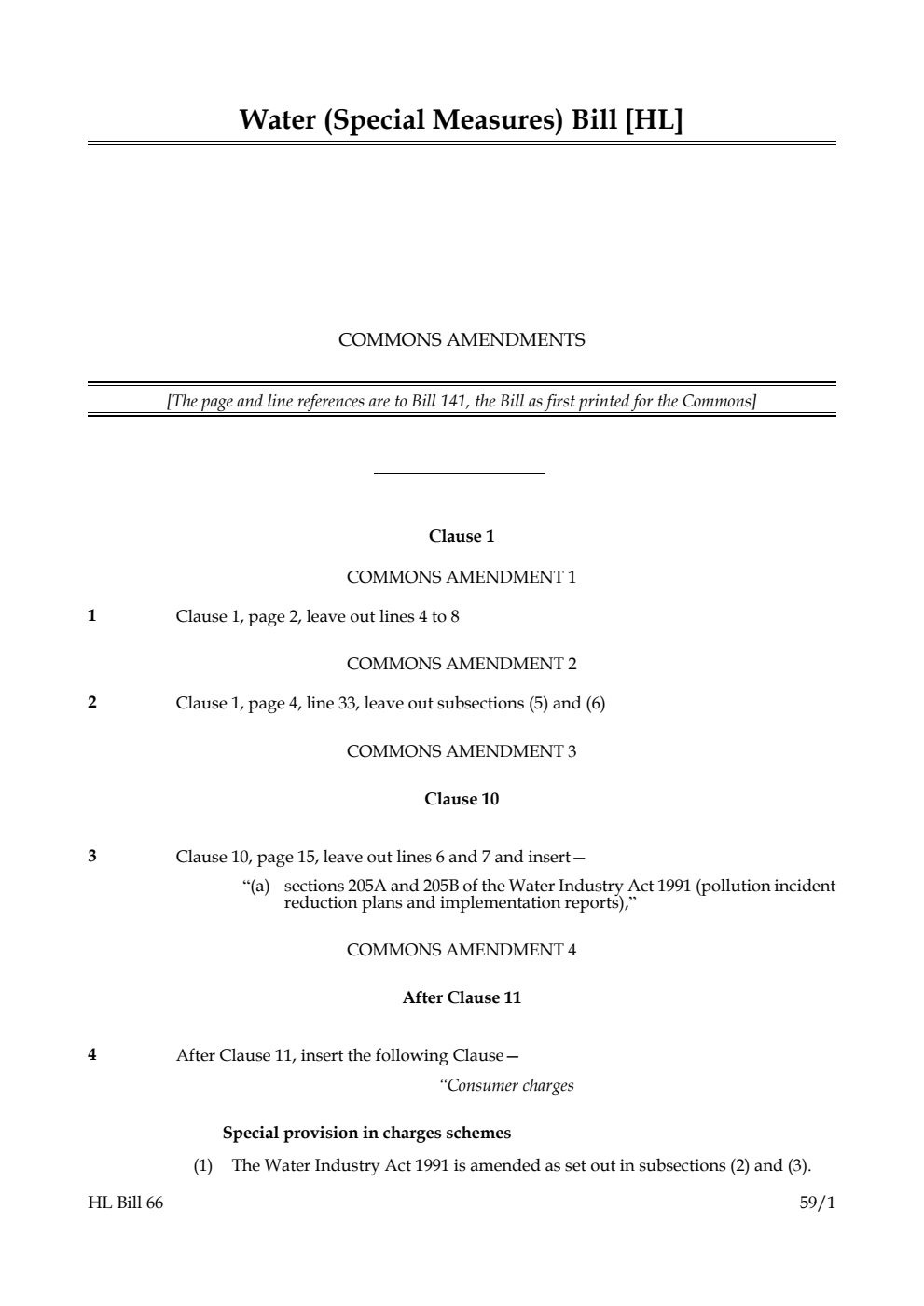 Water (Special Measures) Bill Commons amendments