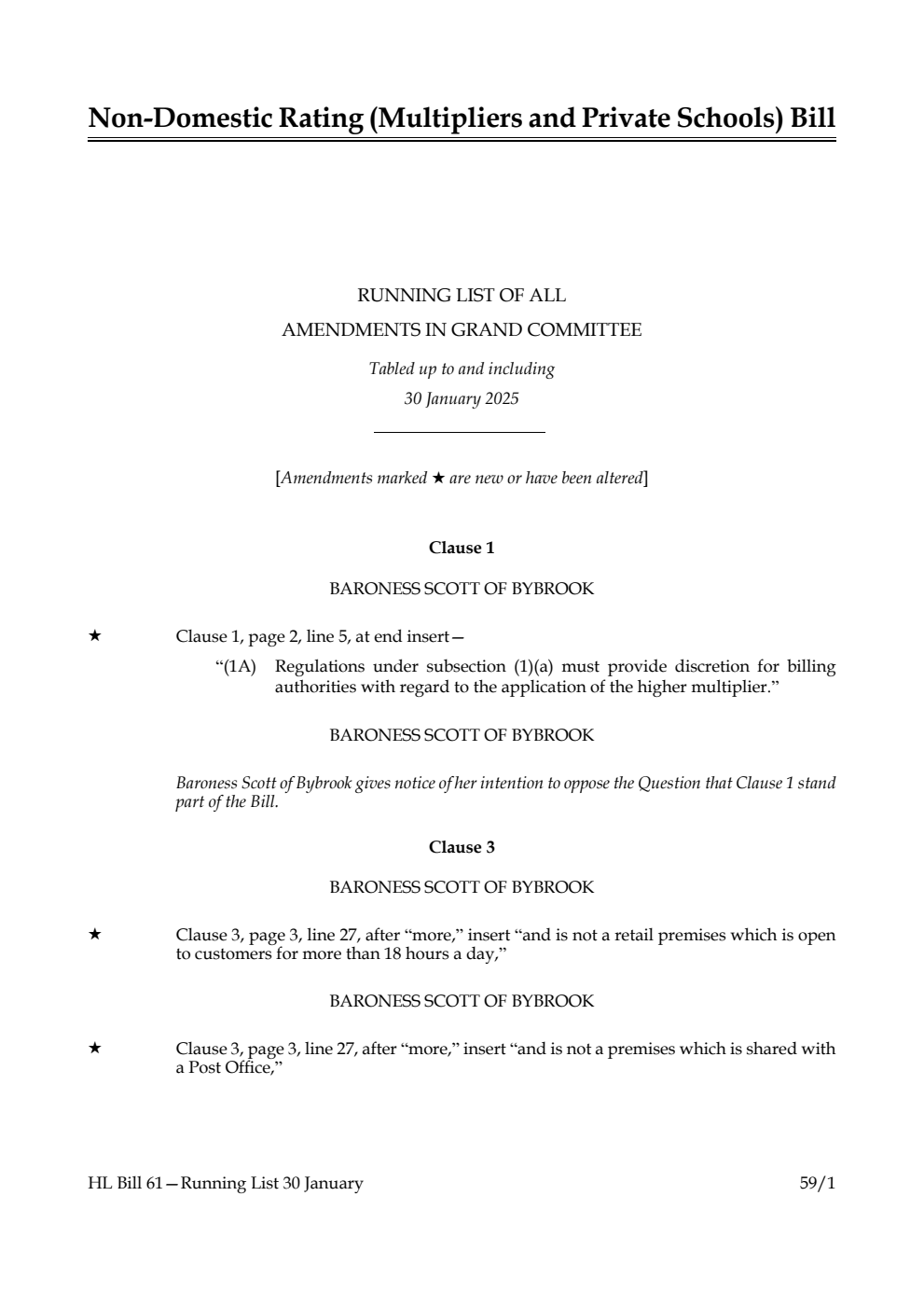 Non-domestic Rating (Multipliers and Private Schools) Bill Running List of all amendments in Grand Committee tabled up to and including 30 January 2025