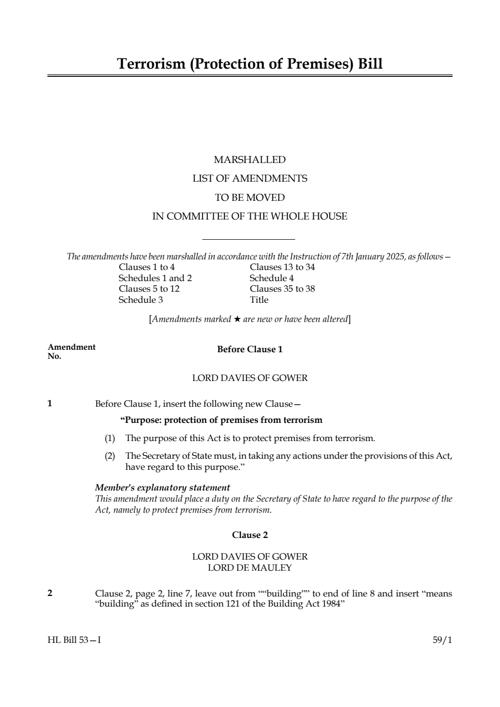 Terrorism (Protection of Premises) Bill Marshalled List of amendments to be moved in Committee of the Whole House