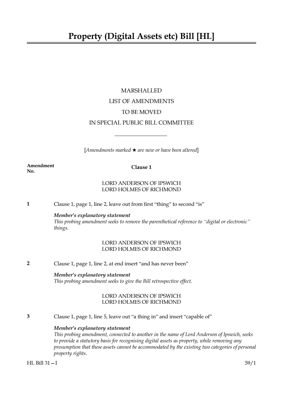 Property (Digital Assets Etc) Bill Marshalled List of amendments to be moved in Special Public bill Committee