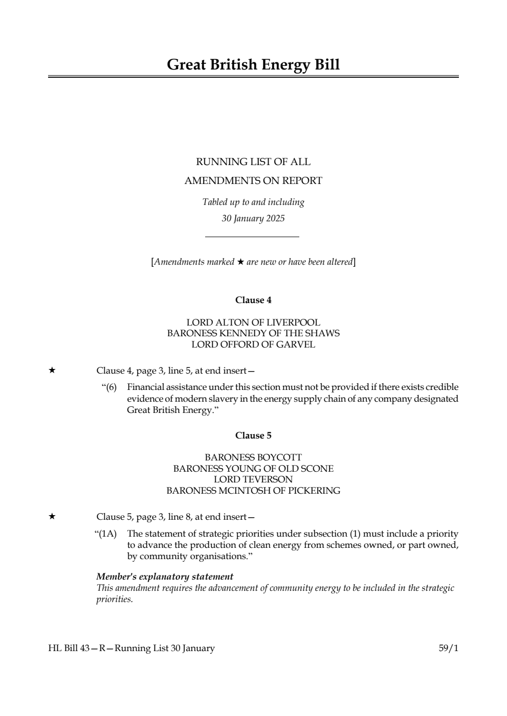 Great British Energy Bill Running List of all amendments on report tabled up to and including 30 January 2025