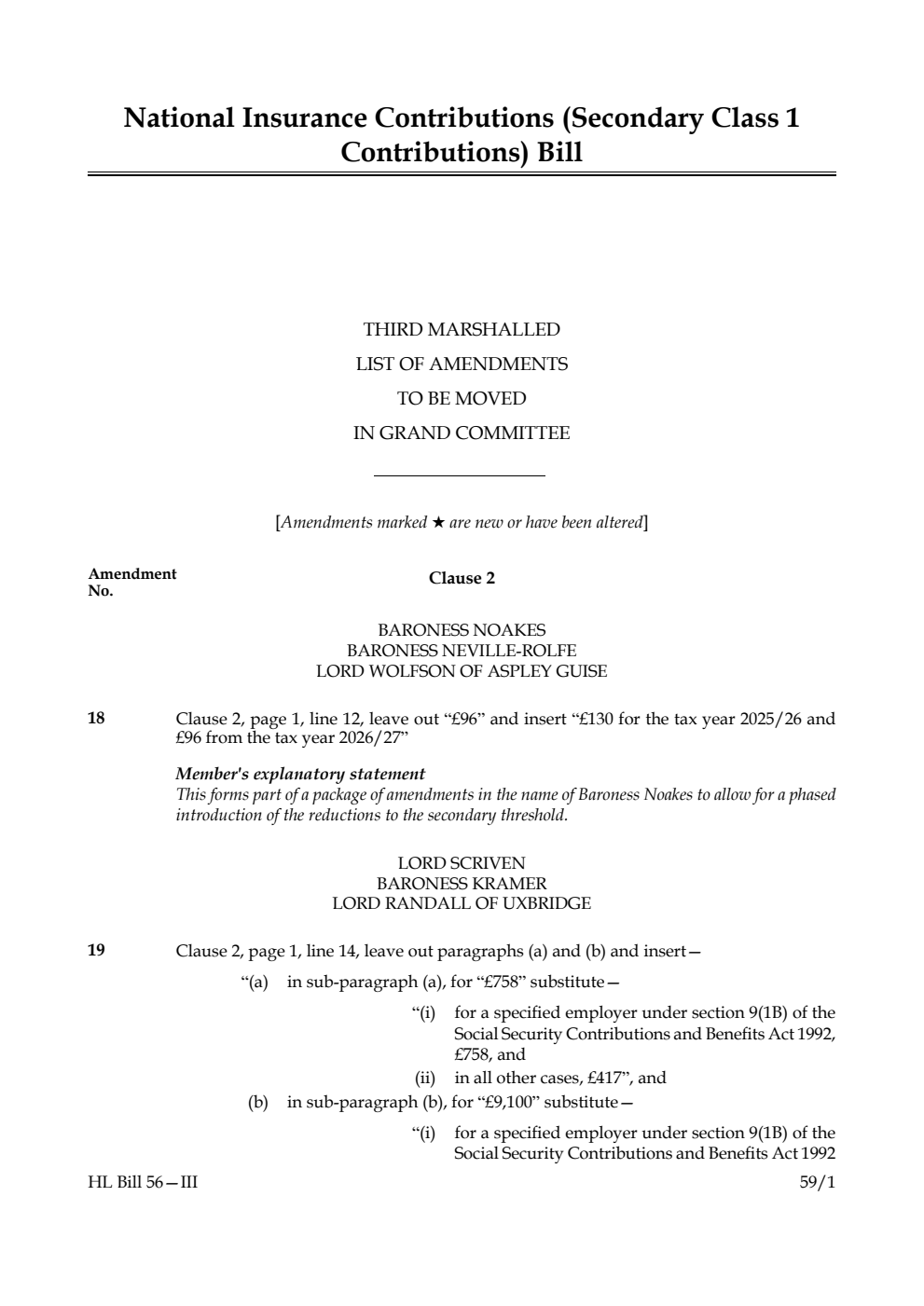 National Insurance Contributions (Secondary Class 1 Contributions) Bill Third Marshalled List of amendments to be moved in Grand Committee