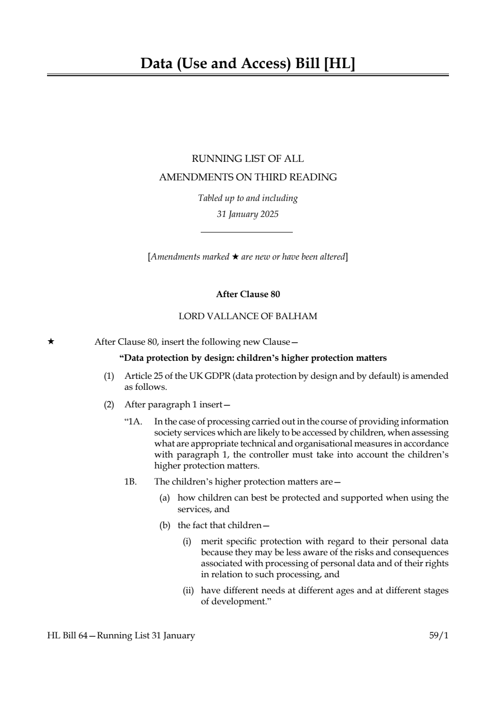 Data (Use and Access) Bill Running List of all amendments on third reading tabled up to and including 31 January 2025
