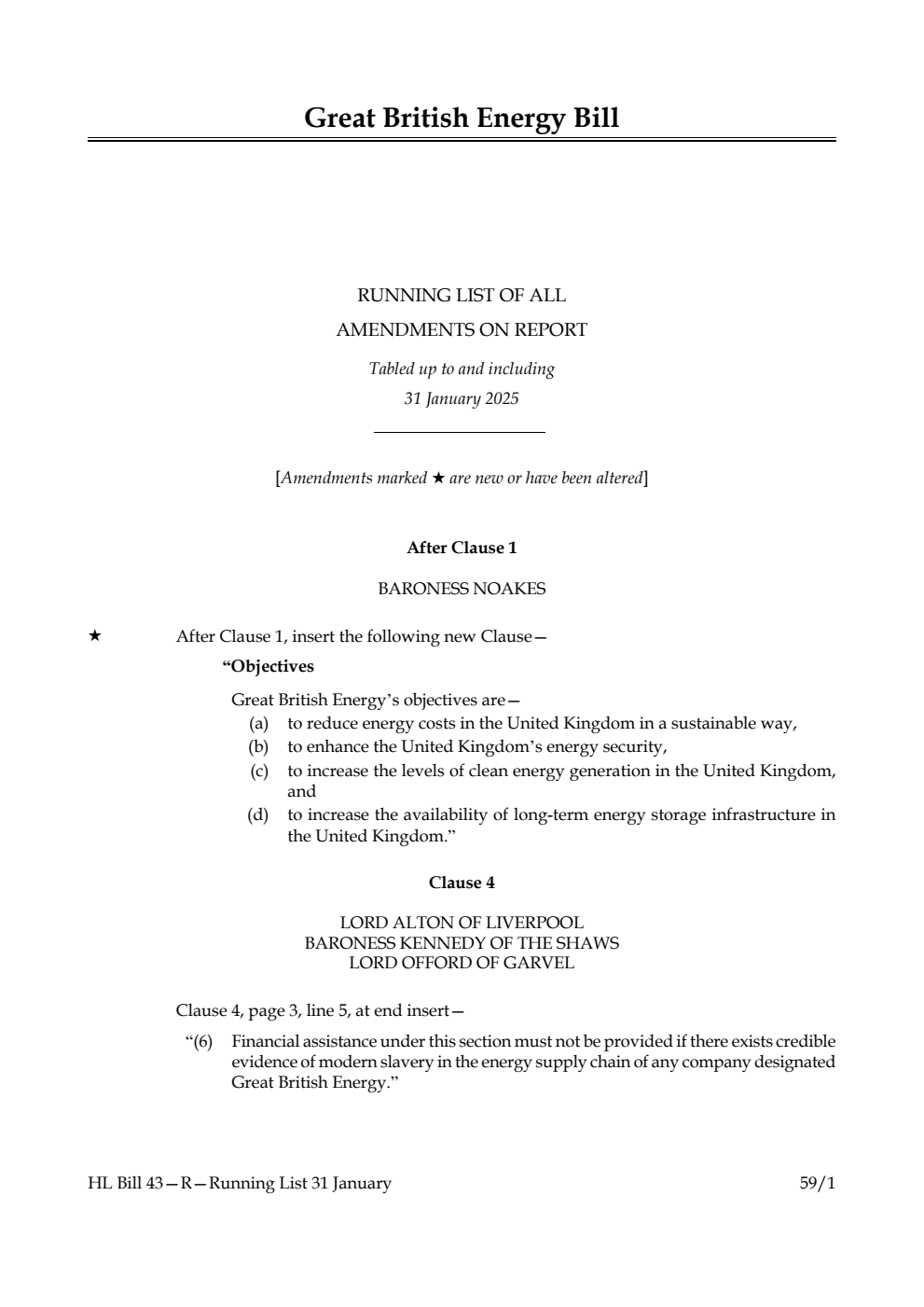Great British Energy Bill Running List of all amendments on report tabled up to and including 31 January 2025