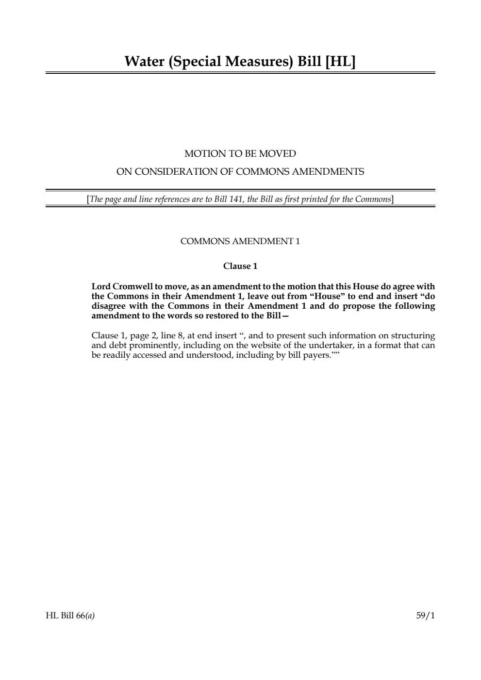 Water (Special Measures) Bill Motion to be moved on consideration of Commons amendments