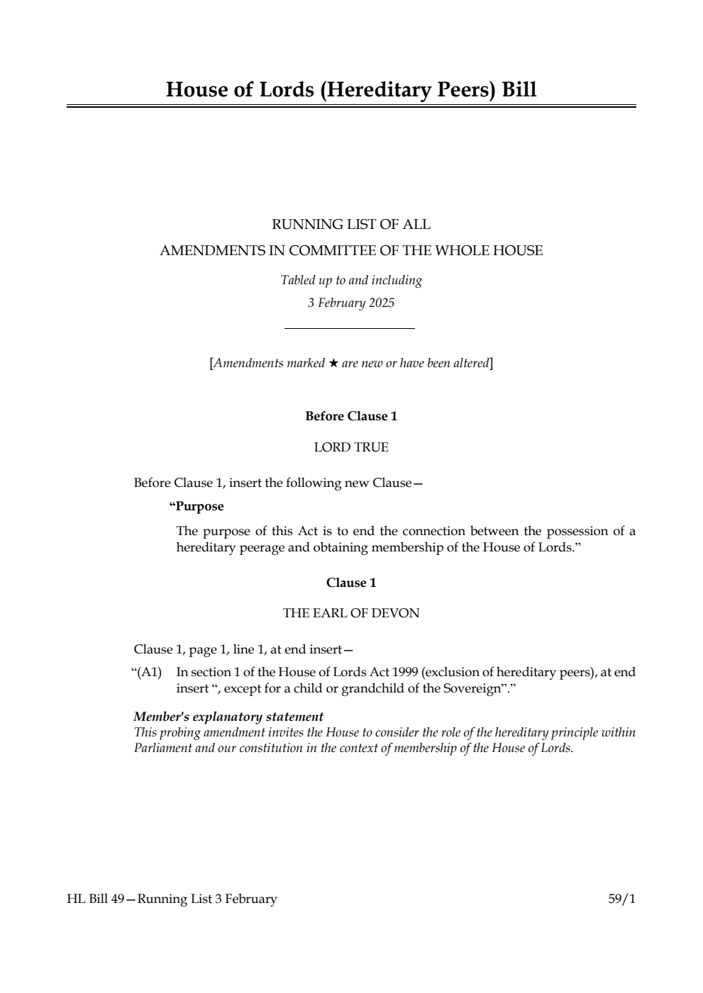 House of Lords (Hereditary Peers) Bill Running List of all amendments in Committee of the Whole House tabled up to and including 3 February 2025