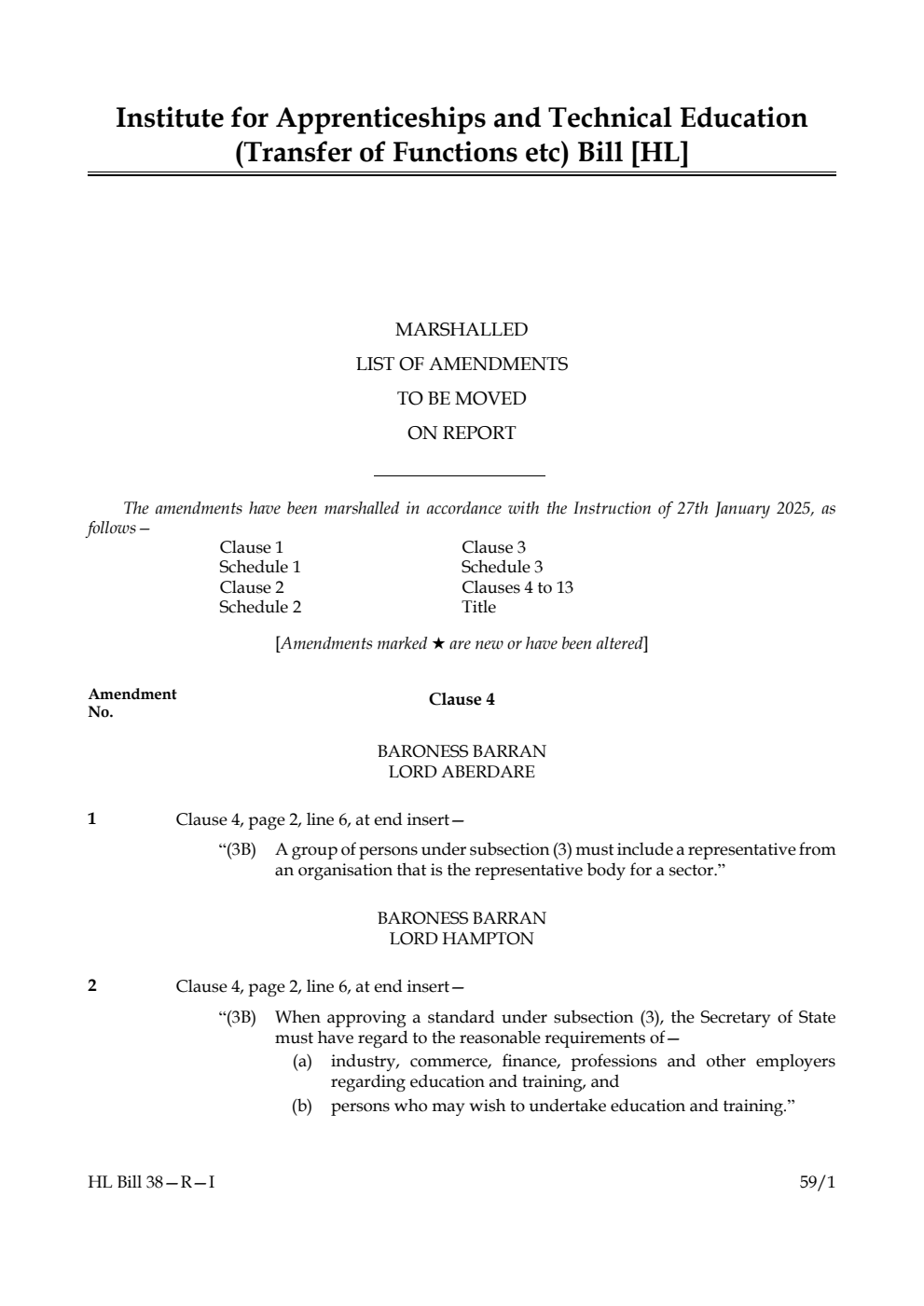 Institute for Apprenticeships and Technical Education (Transfer of Functions etc) Bill Marshalled List of amendments to be moved on report
