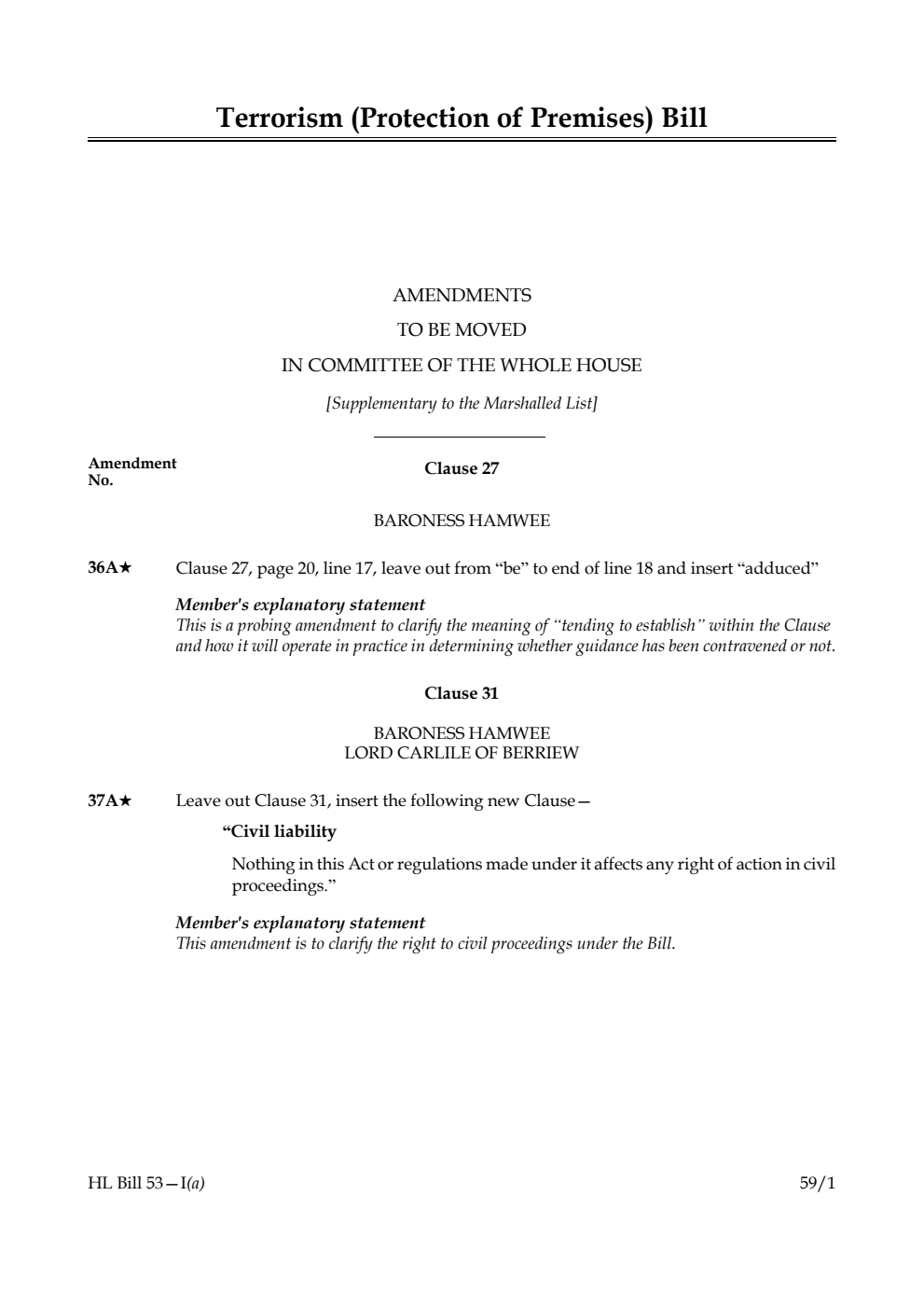 Terrorism (Protection of Premises) Bill Amendments to be moved in Committee of the Whole House [Supplementary to the Marshalled List] 