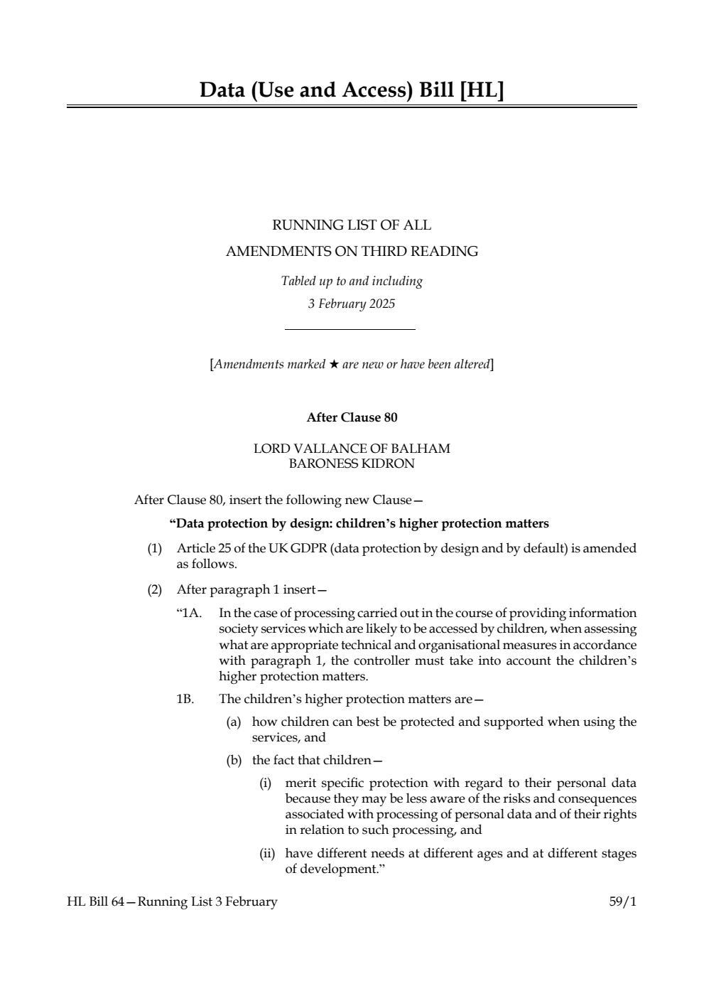 Data (Use and Access) Bill Running List of all amendments on third reading tabled up to and including 3 February 2025