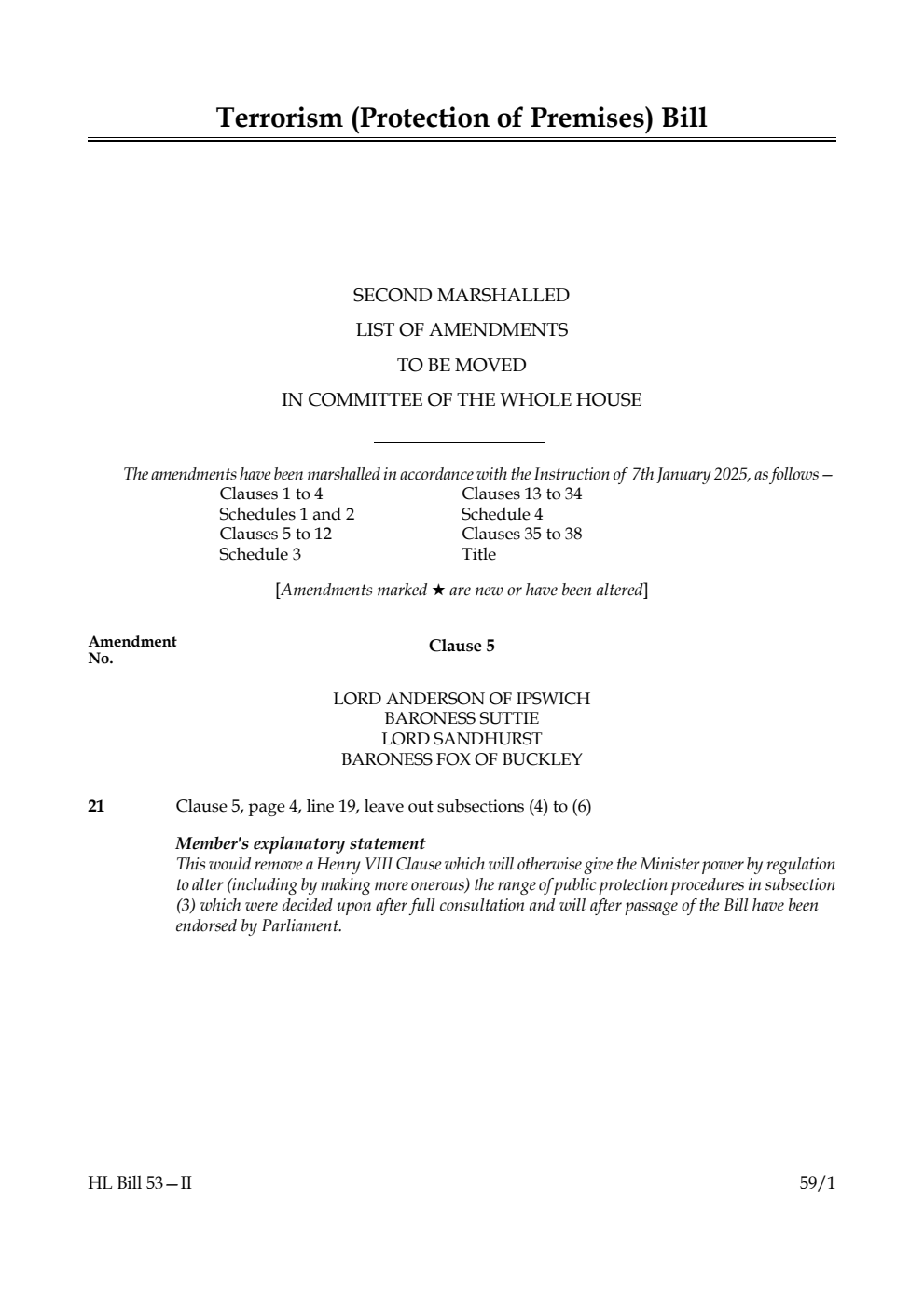 Terrorism (Protection of Premises) Bill Second Marshalled List of amendments to be moved in Committee of the Whole House
