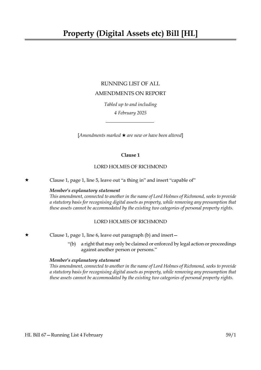 Property (Digital Assets Etc) Bill Running List of all amendments on report tabled up to and including 4 February 2025
