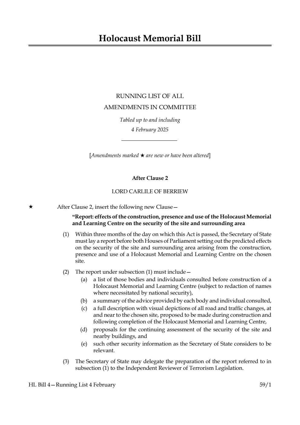 Holocaust Memorial Bill Running List of all amendments in Committee tabled up to and including 4 February 2025
